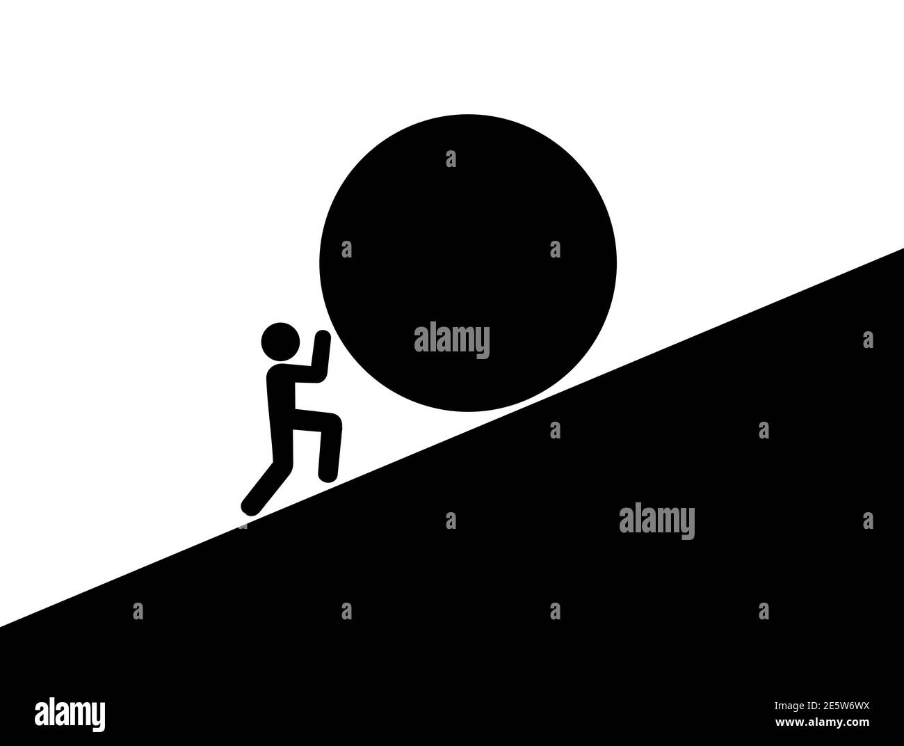 Sisyphean Aufgabe - Sisyphos schiebt und rollt einen großen schweren Ball und Boulder den steilen Hang des Hügels hinauf. Monochrome schwarz-weiß Vektor il Stockfoto