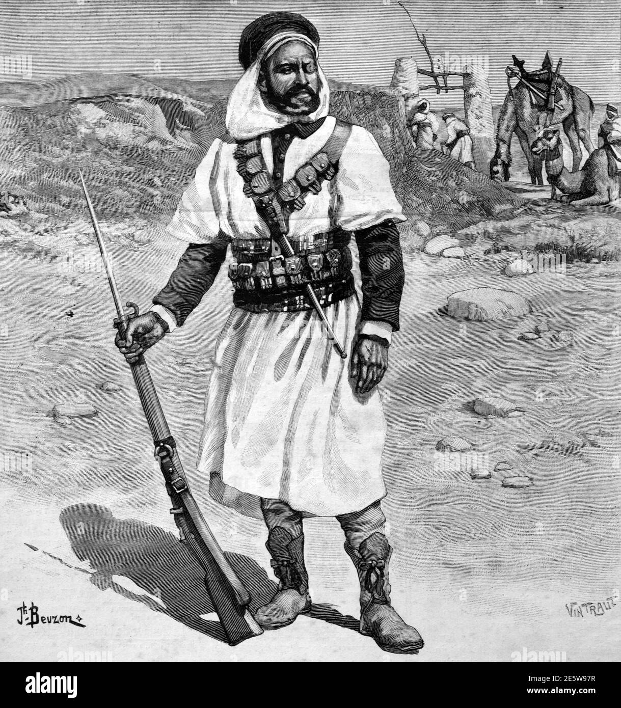 Moghazni oder Mokhazni Französischer kolonialer Hilfssoldat Nordafrika 1904 Vintage Illustration oder Gravur Stockfoto