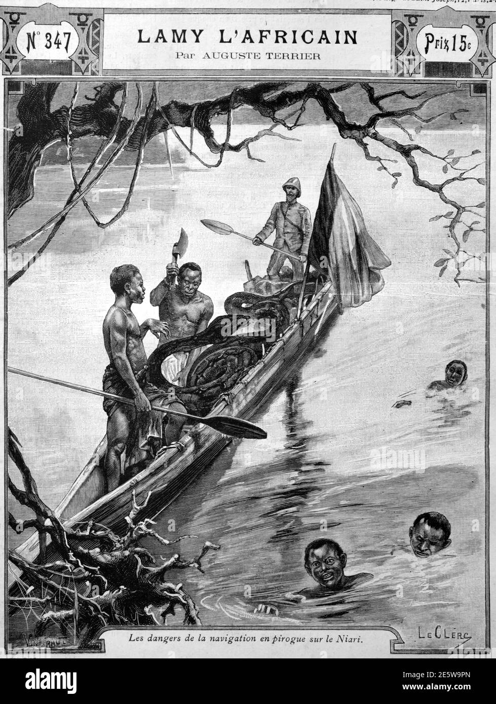 Altes Buchcover der Kurzgeschichte 'Lamy L'Africain' von Auguste Terrier. Giant Boa Snake erschreckt einheimische Crew & Französisch Kolonialeuropäer auf Flussboot Navigation auf dem Kouilou-Niari Fluss Kongo Republik 1903 Vintage Illustration oder Gravur Stockfoto