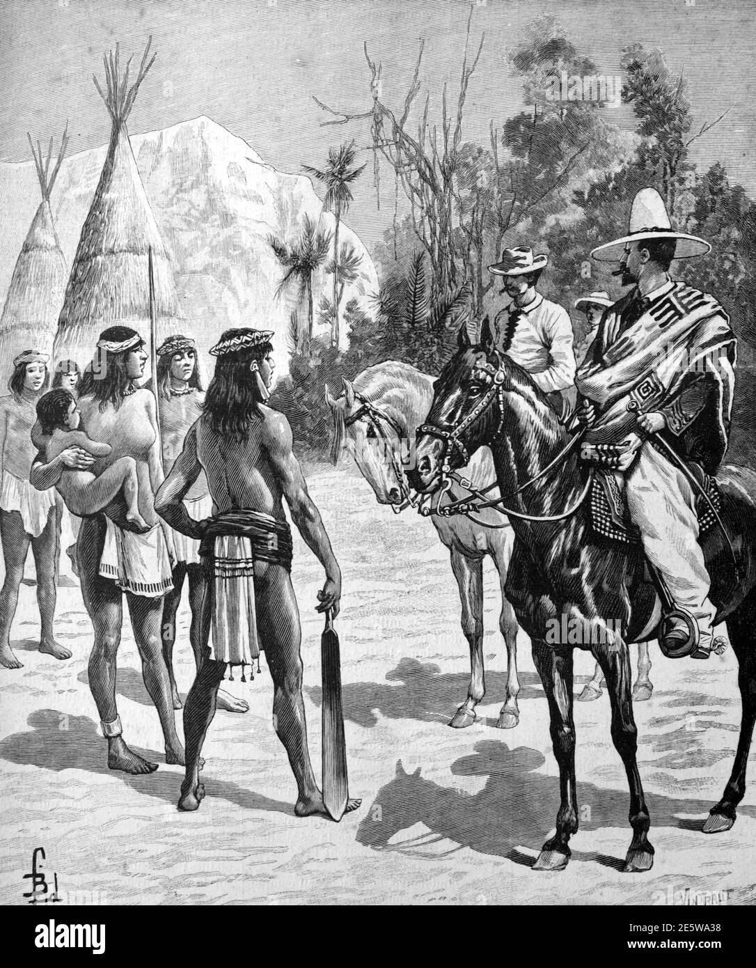 Venezuela Kavallerie & Yanomami Indianer Venezuela 1903 Vintage Illustration oder Gravur Stockfoto