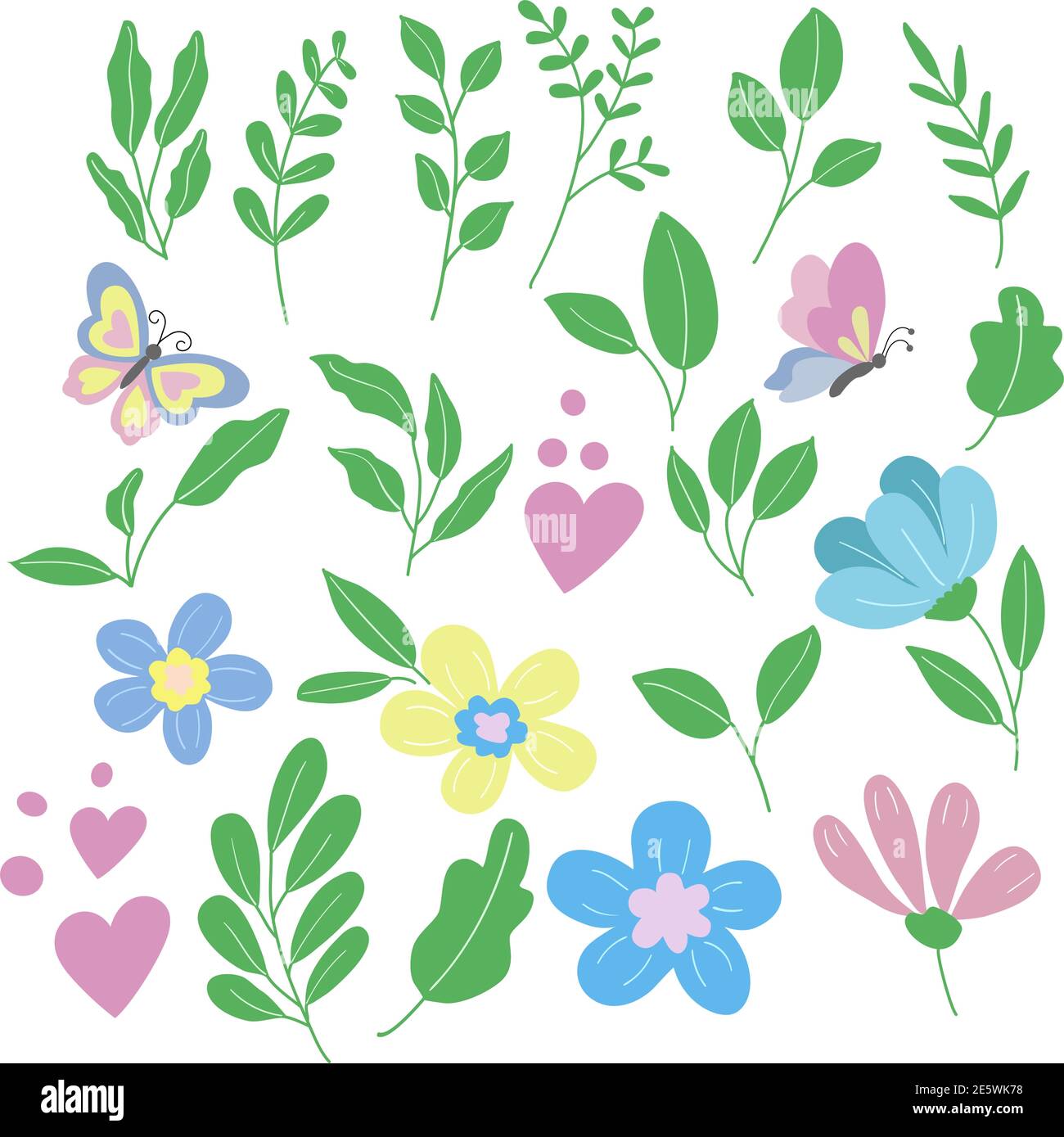 Set von Frühlingselementen - rosa, gelb, blau Blumen Blätter und Schmetterling in Vektorgrafiken auf weißem Hintergrund. Für die Gestaltung von Plakaten Stock Vektor