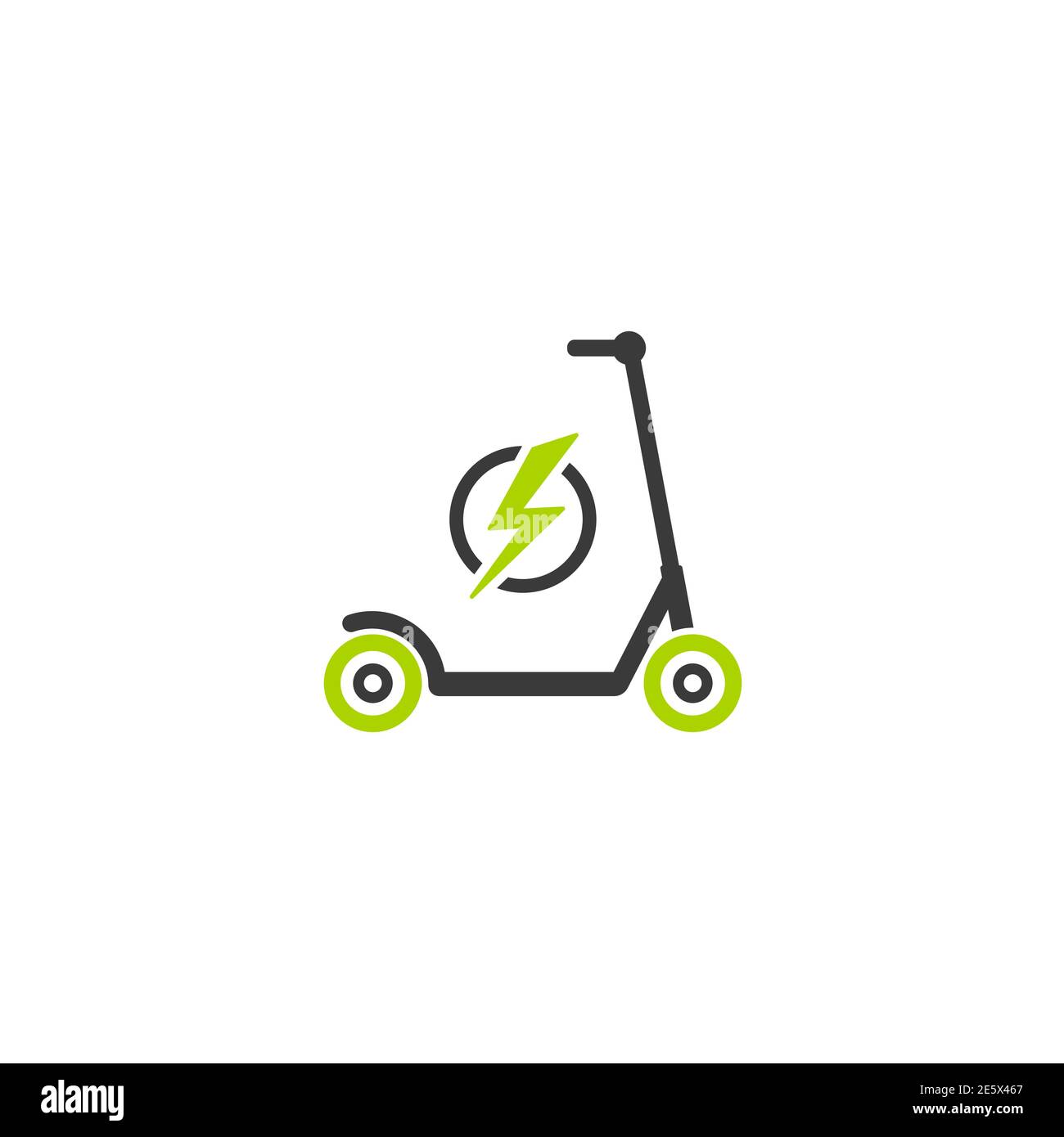 Schwarz und grün Kick Scooter oder Laufrad mit Blitz-Symbol. Flacher Push Roller isoliert auf weiß. Vektor-Ladedarstellung. Umweltfreundlicher Verkehr Stock Vektor