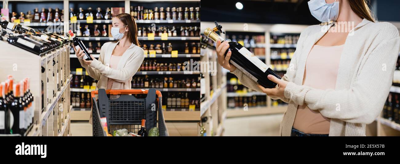 Collage der jungen Frau in medizinische Maske hält Flasche Wein in der Nähe Warenkorb im Supermarkt, Banner Stockfoto