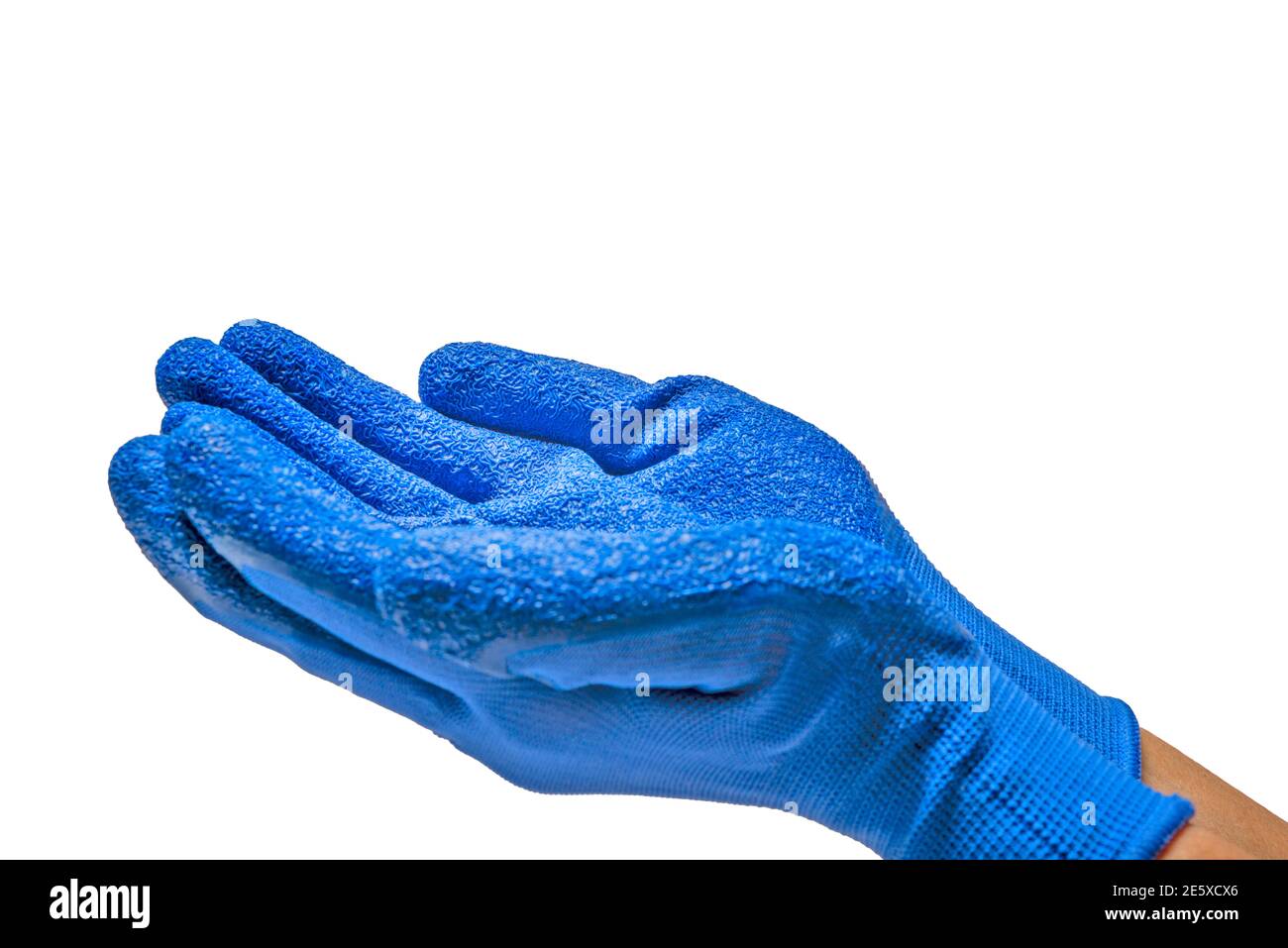 Horizontale Nahaufnahme von zwei blauen Handschuhen, die nach oben gehoben und in die Schröpfchen gekuppt wurden, um etwas isoliertes auf Weiß zu halten. Stockfoto