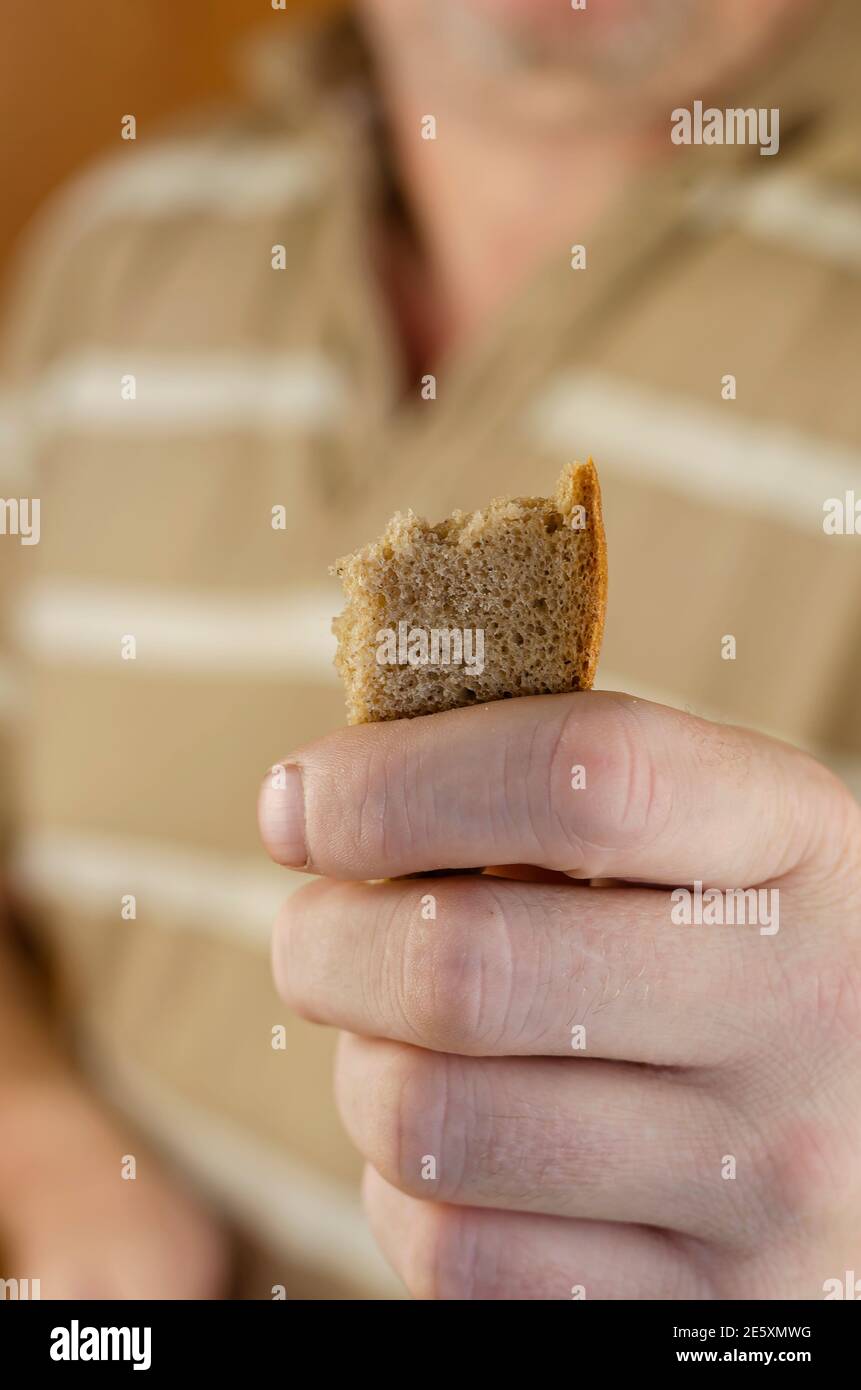 Ein Mann in einem gestreiften Hemd reicht der Kamera einen Laib Brot. Ein kleines Stück Roggenbrot mit gezackten Rändern. Barmherzigkeit, Spende, Großzügigkeit. Frontpartie Stockfoto