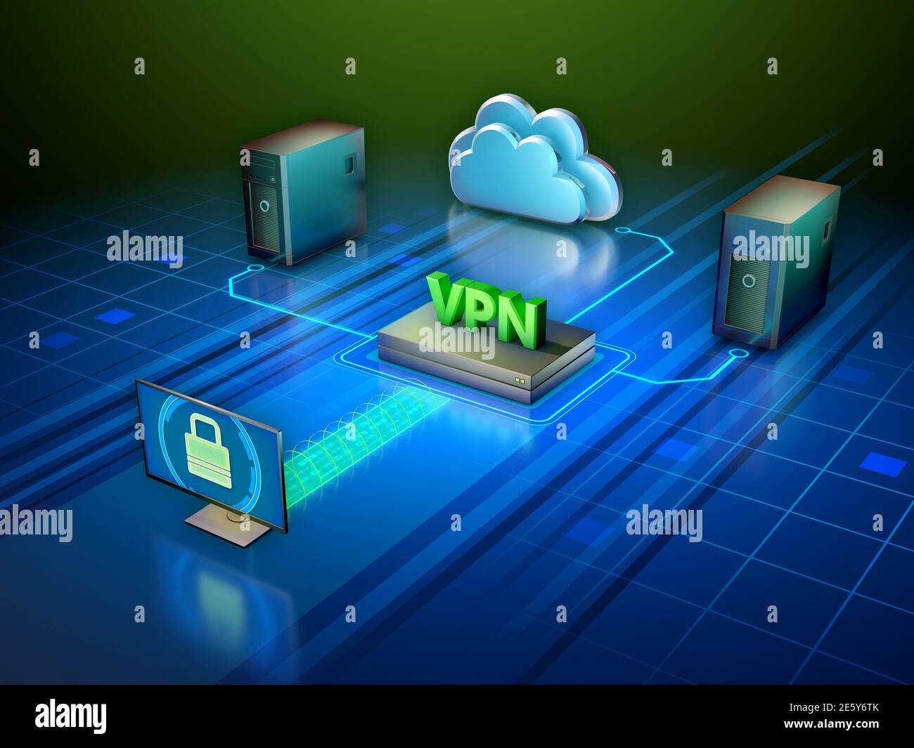 Virtuelles privates Netzwerk Erstellen einer sicheren Verbindung zwischen Ihren Geräten und dem Internet. Digitale Illustration. Stockfoto