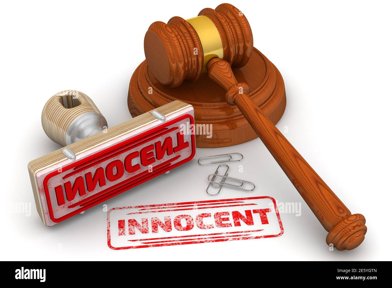 Unschuldig. Der Stempel und ein Aufdruck. Holzstempel und roter Aufdruck INNOCENT mit Richterhammer auf weißer Oberfläche. 3D-Illustration Stockfoto