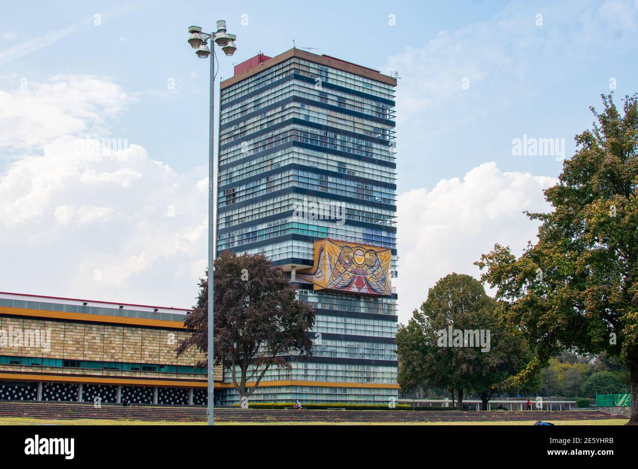 Hohes Verwaltungsgebäude und Bäume von der mexikanischen Hochschule Stockfoto