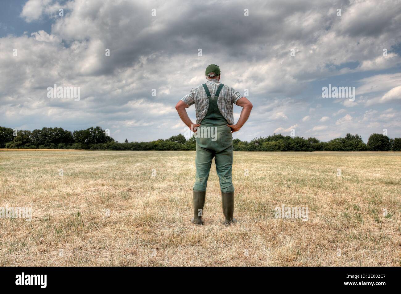 Ein Bauer steht mitten auf seiner ausgetrocknete Wiese und hofft auf Regen. Stockfoto