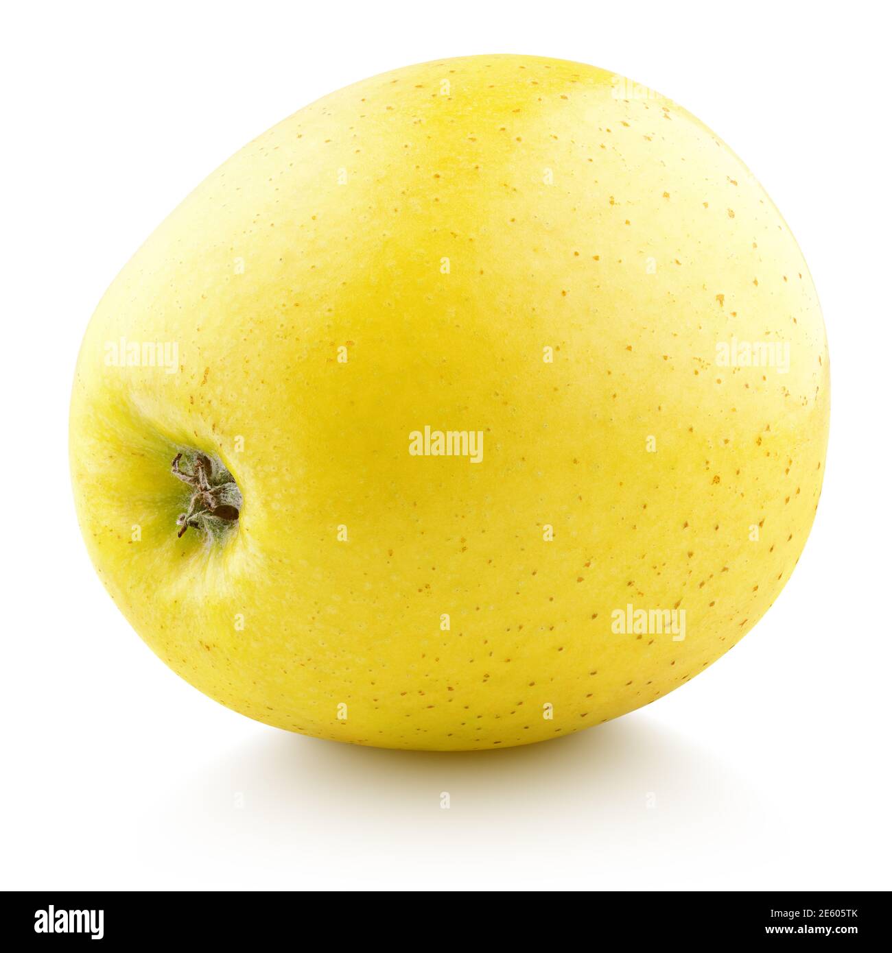 Einzelne reife gelbe Apfelfrucht isoliert auf weißem Hintergrund. Goldener Apfel mit Schneideweg. Volle Schärfentiefe Stockfoto