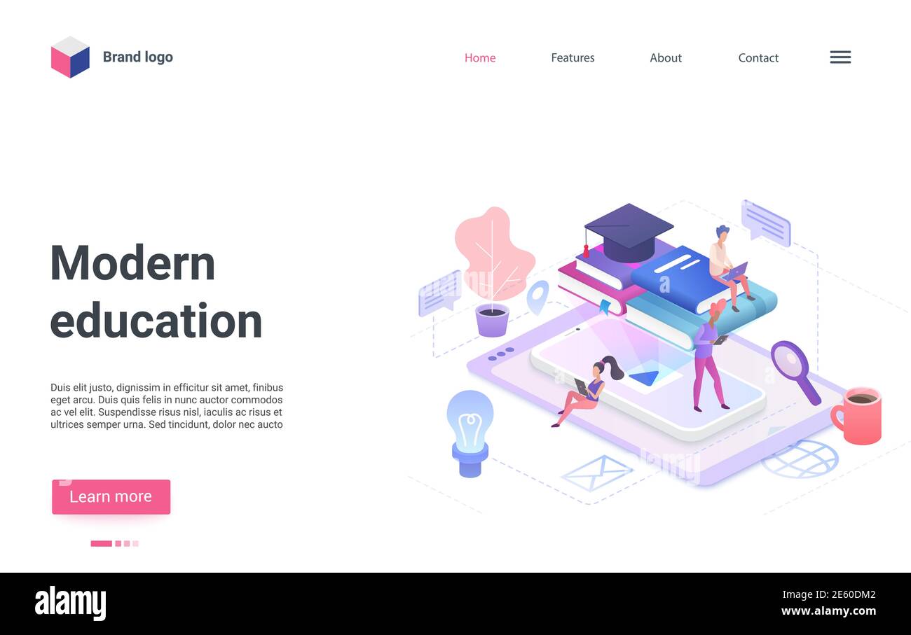 Online-Bildung Technologie isometrische Vektor Illustration. Cartoon 3d Studenten Menschen lernen, Video-Tutorials, studieren und sitzen auf Stapel von Büchern aus der Bibliothek und Smartphone Landing Page Stock Vektor