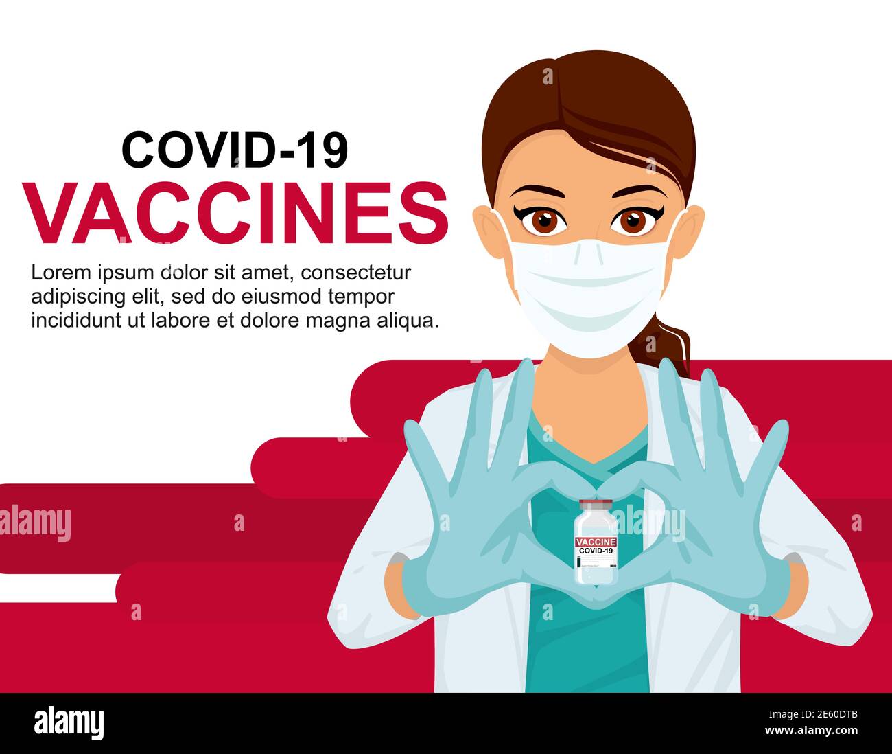 Konzept eine Ärztin in einer Maske zeigt ihr Herz mit den Händen und hält einen Impfstoff gegen Coronavirus. Passendes Banner, Flyer. Impfung von Menschen Stock Vektor