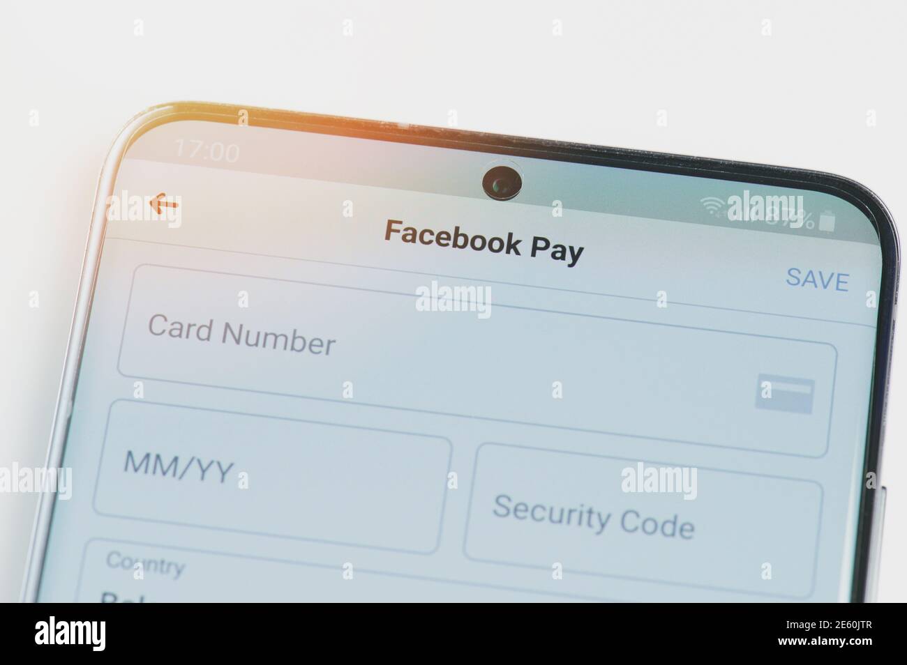 New york, USA - 26. Januar 2021: Füllen Sie Informationen in facebook Pay auf Smartphone-Bildschirm Nahaufnahme. Stockfoto
