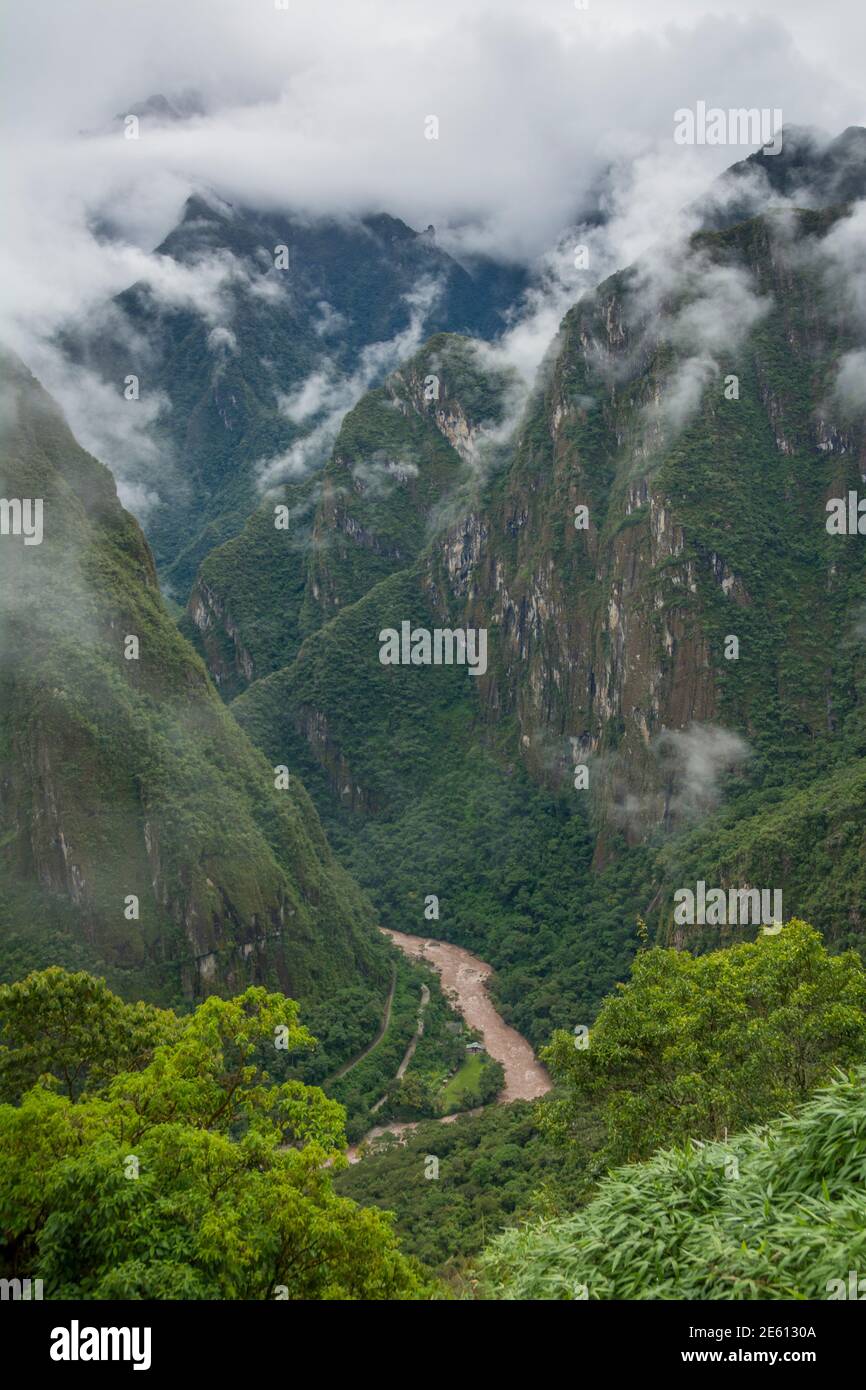 Andengebirge Nebelwald und Vilcanota Fluss von Machu Picchu, Peru. Die Vilcanota ist auch als Urubamba Fluss bekannt. Stockfoto