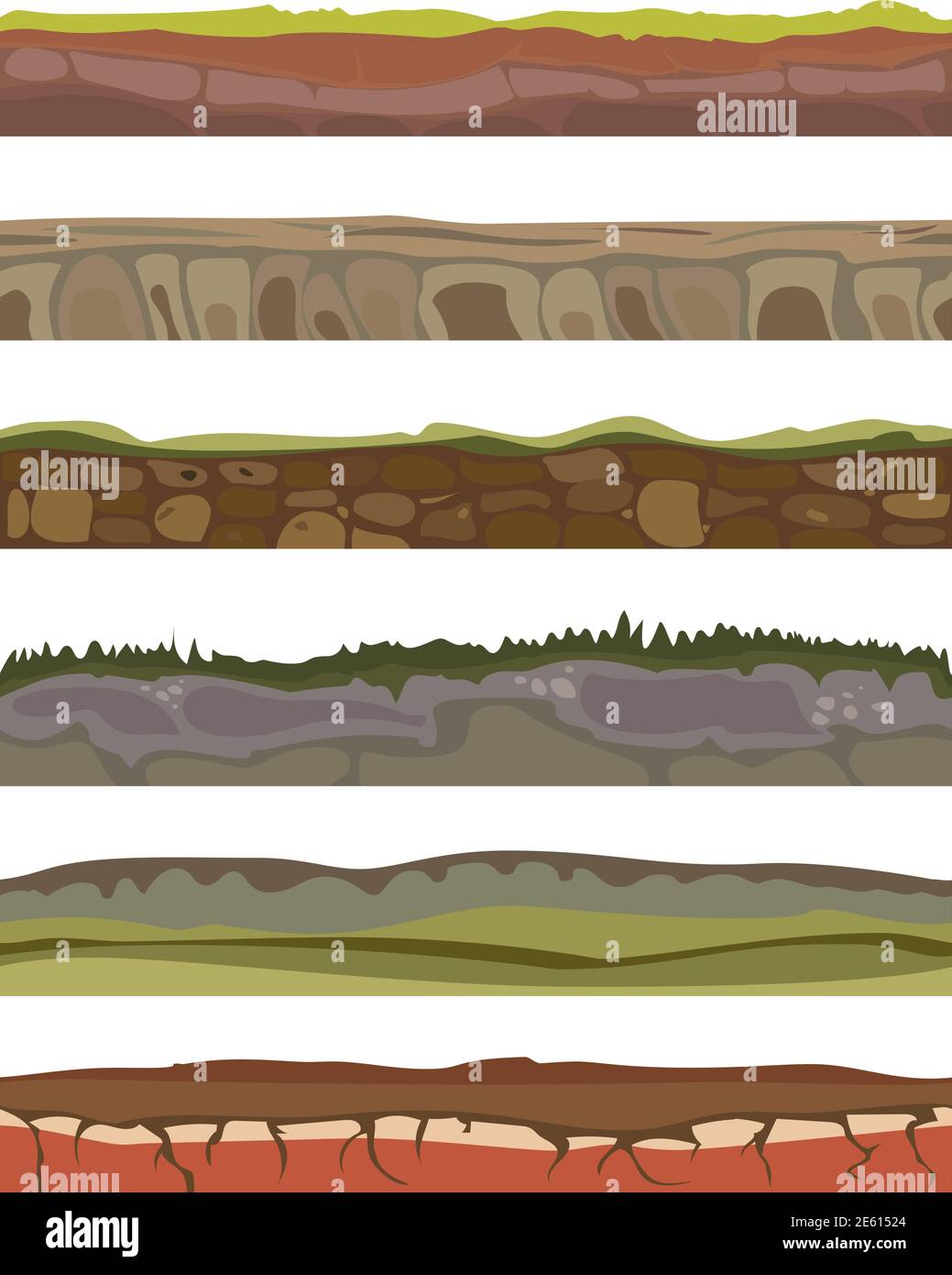 Nahtlose verschiedene geschnittenen Boden Böden für ui-Spiel. Böden Vordergrund Landfläche im Cartoon-Stil mit Grashalmen, Felsen Schichten. Vektorgrafik Stock Vektor