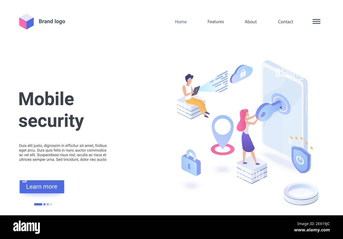 Isometrische Vektordarstellung der mobilen Sicherheitstechnik. Cartoon Benutzer Menschen stehen mit Schlüssel in der Nähe des Smartphones, mit sicheren Cyber-Netzwerk-Service für Datenschutz Landing Page Stock Vektor