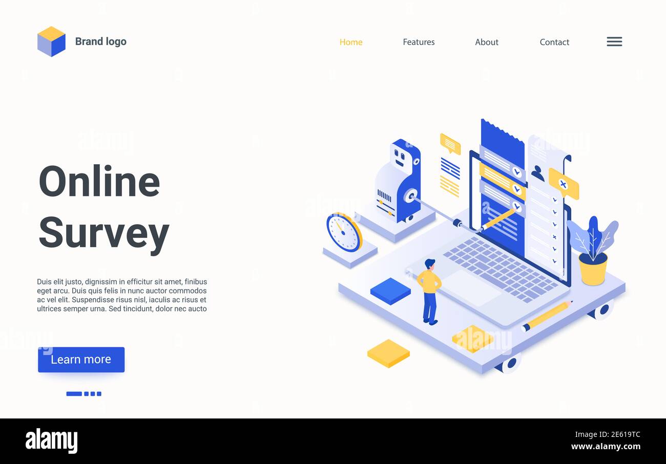 Online Umfrage Technologie isometrische Vektor Illustration. Cartoon 3d Mann Kundenfigur steht neben großen Laptop mit Umfrage Checkliste Fragebogen auf dem Bildschirm, Bericht Bewertung Service Landing Page Stock Vektor