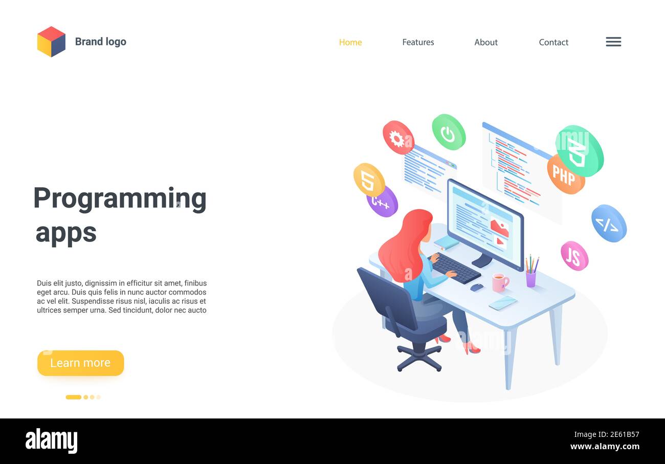 Programmierung App-Technologie isometrische Vektor-Illustration. Cartoon 3d-Programmierer Frau Charakter sitzen am Computer, arbeiten in mobilen Anwendungsentwicklungsprozess, Entwickler Codierung Landing Page Stock Vektor