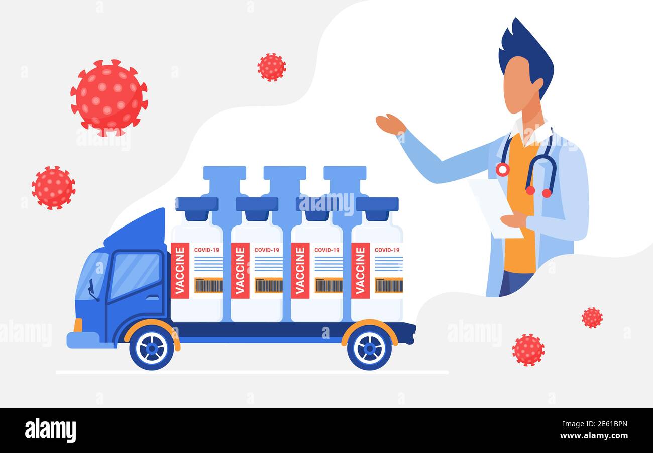 Vektordarstellung zur Verabreichung von Impfstoffen. Cartoon Kurier-LKW liefert medizinische Impfstoffflaschen erste Hilfe, Arzt Charakter Beratung Impfung für Patienten, Logistik Vertrieb Technologie Hintergrund Stock Vektor