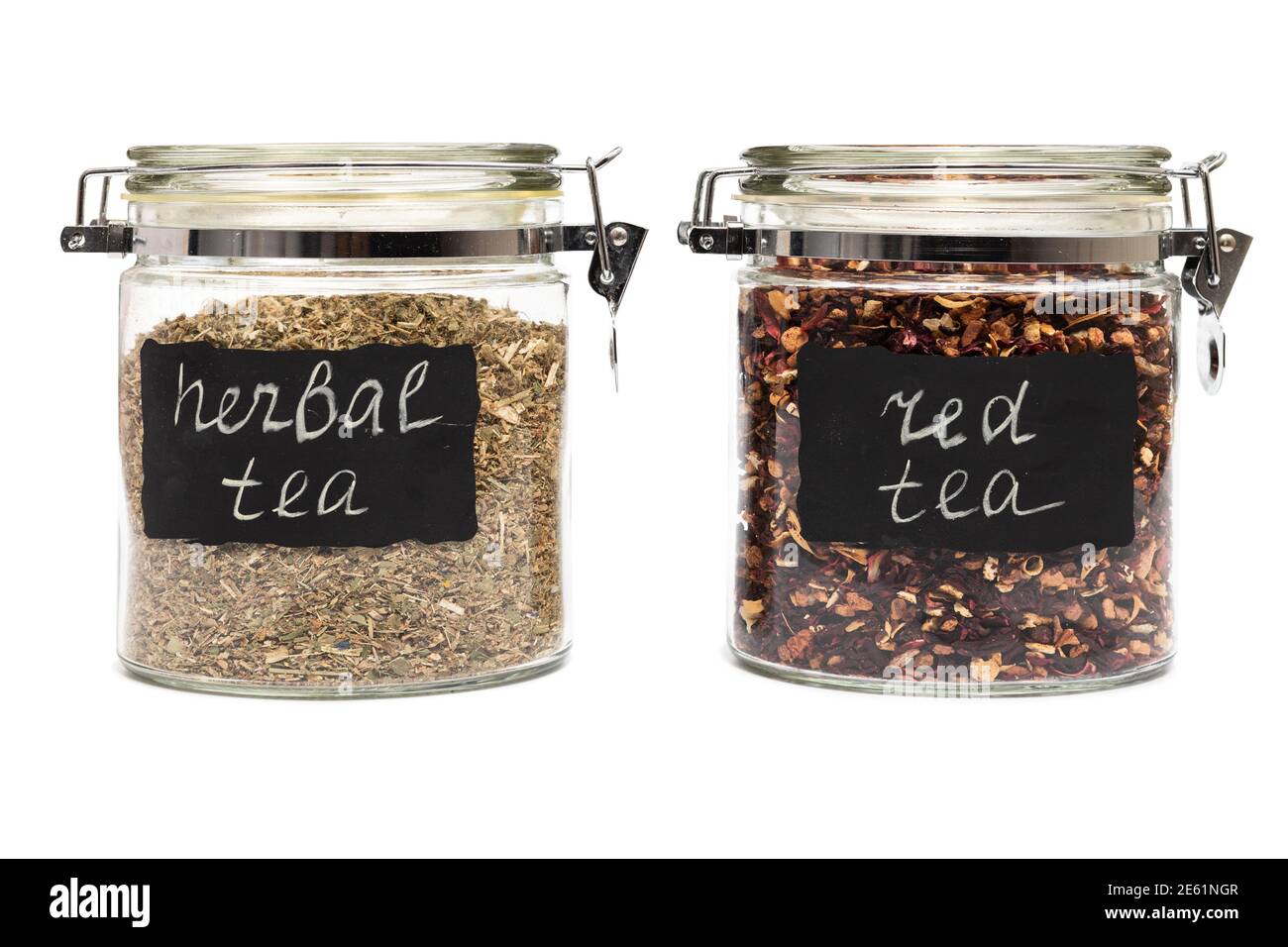 Kräuter-und roten Tee in einem Glas Gläser, Flip-Top-Verschluss, isoliert auf weiß Stockfoto