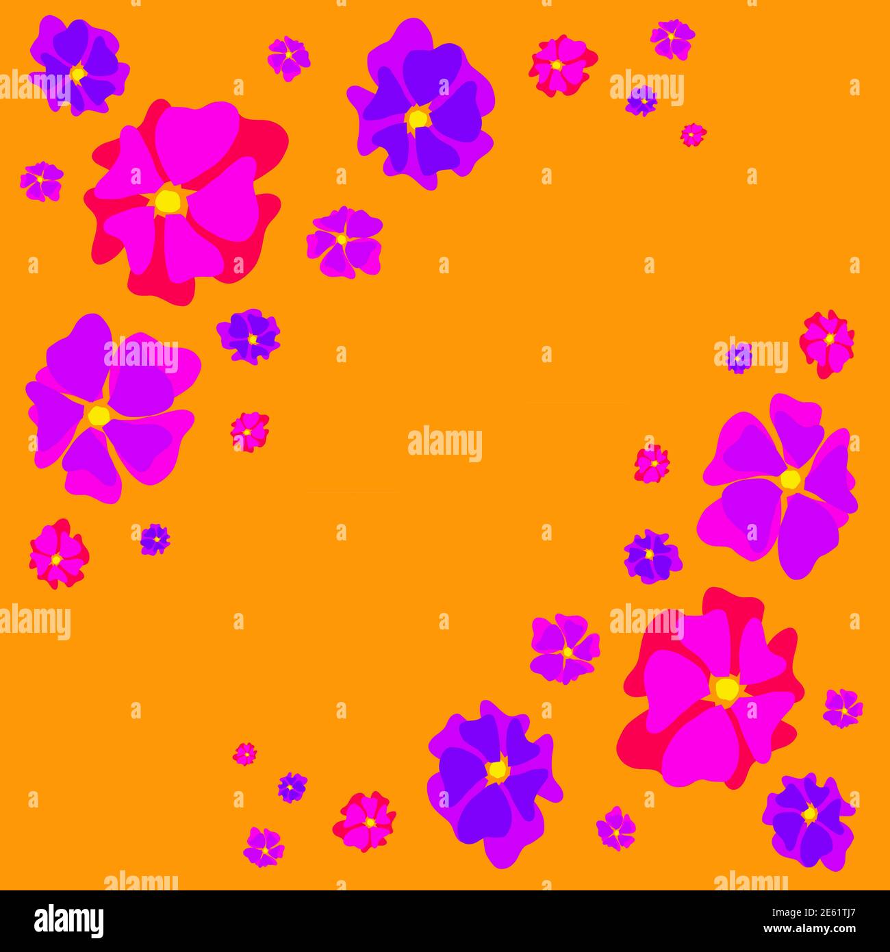 Lebendige Blumen in rosa, rot, lila auf orangefarbenem Hintergrund mit Kopierfläche Stockfoto