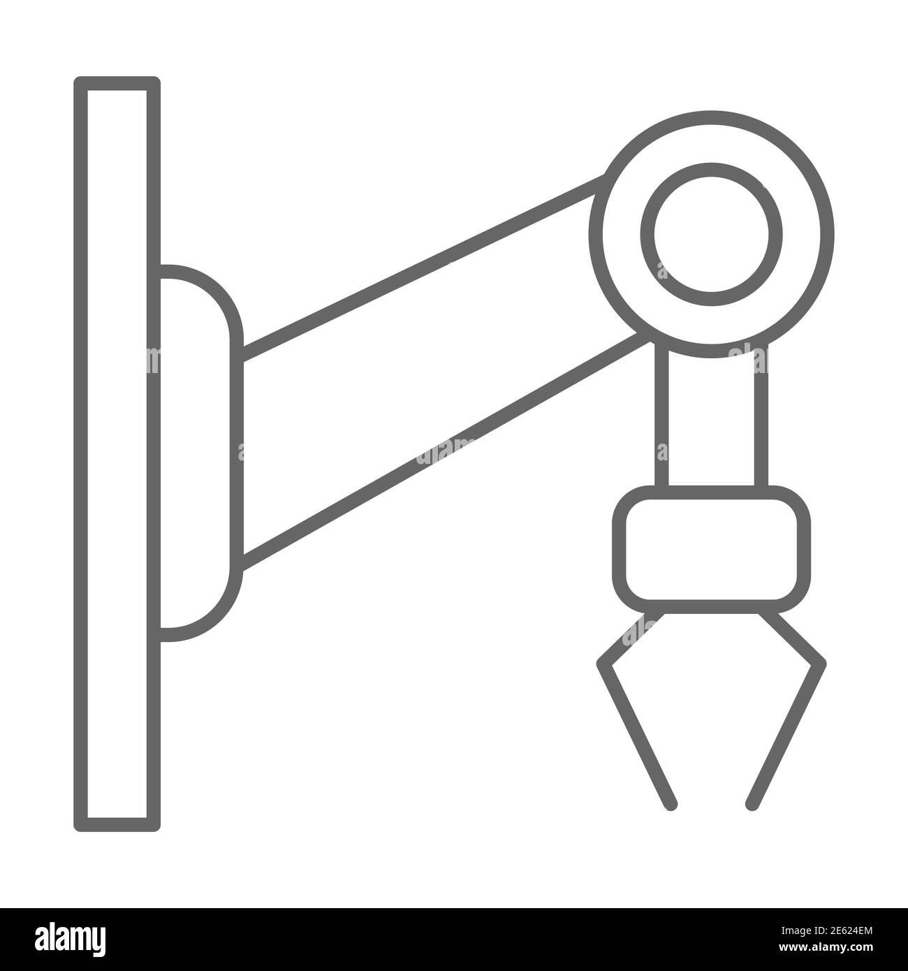 Robot Versand dünne Linie Symbol, Liefersymbol, Kranhaken Hebemaschine Vektor-Zeichen auf weißem Hintergrund, Robotic Verpackung Symbol in Umriss Stock Vektor