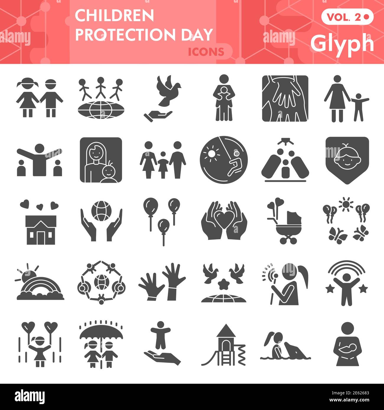 Kinderschutz Tag solide Icon-Set, Kindersicherung Symbole Set Sammlung Vektor Skizzen. Kinder Pflege Zeichen für Computer-Web, Glyphe Piktogramm gesetzt Stock Vektor