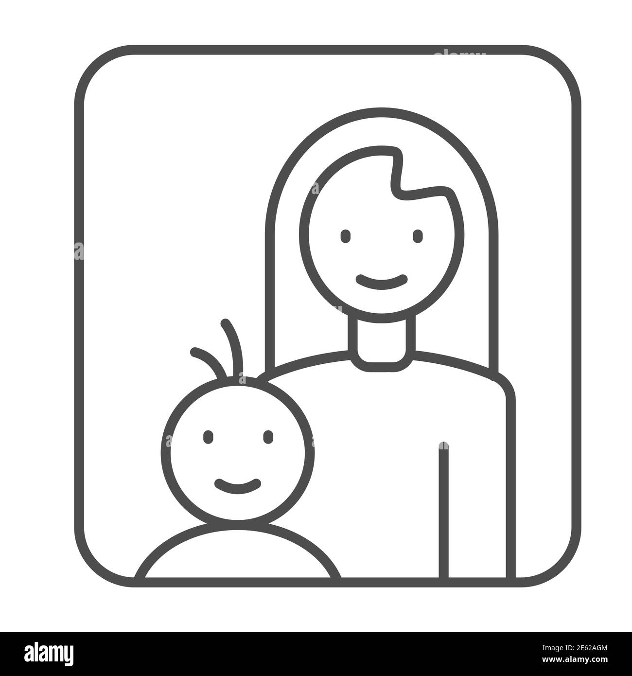 Mutter und Kind dünne Linie Symbol, Mutterschaft Konzept, Mama mit ihrem Baby Zeichen auf weißem Hintergrund, Mutter und Sohn im Rahmen Symbol in Umriss Stil für Stock Vektor