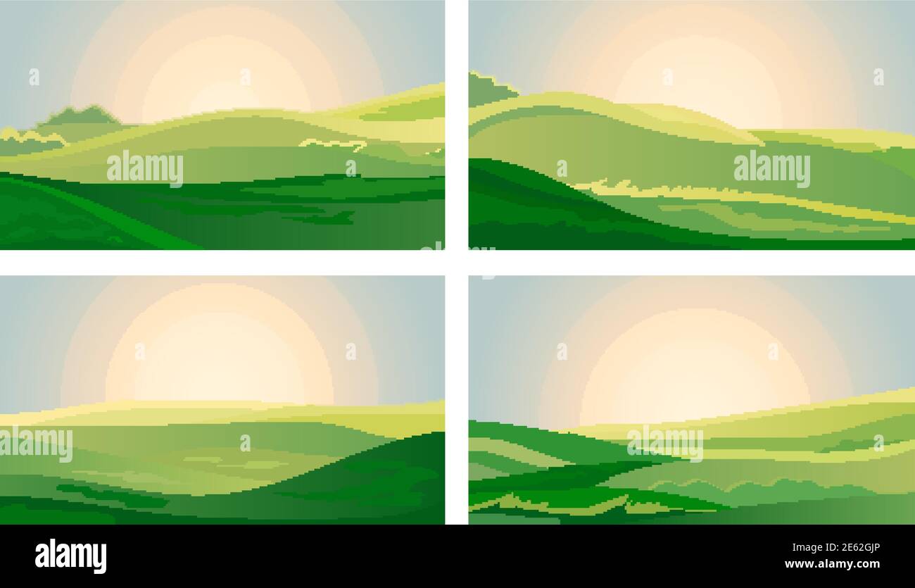 Sommer grüne Landschaft Feld Dämmerung über Hügeln mit Gras. Sonnenaufgang auf dem Land. Cartoon Öko Farm Park. Vektor Illustration Natur Hintergrund Stock Vektor