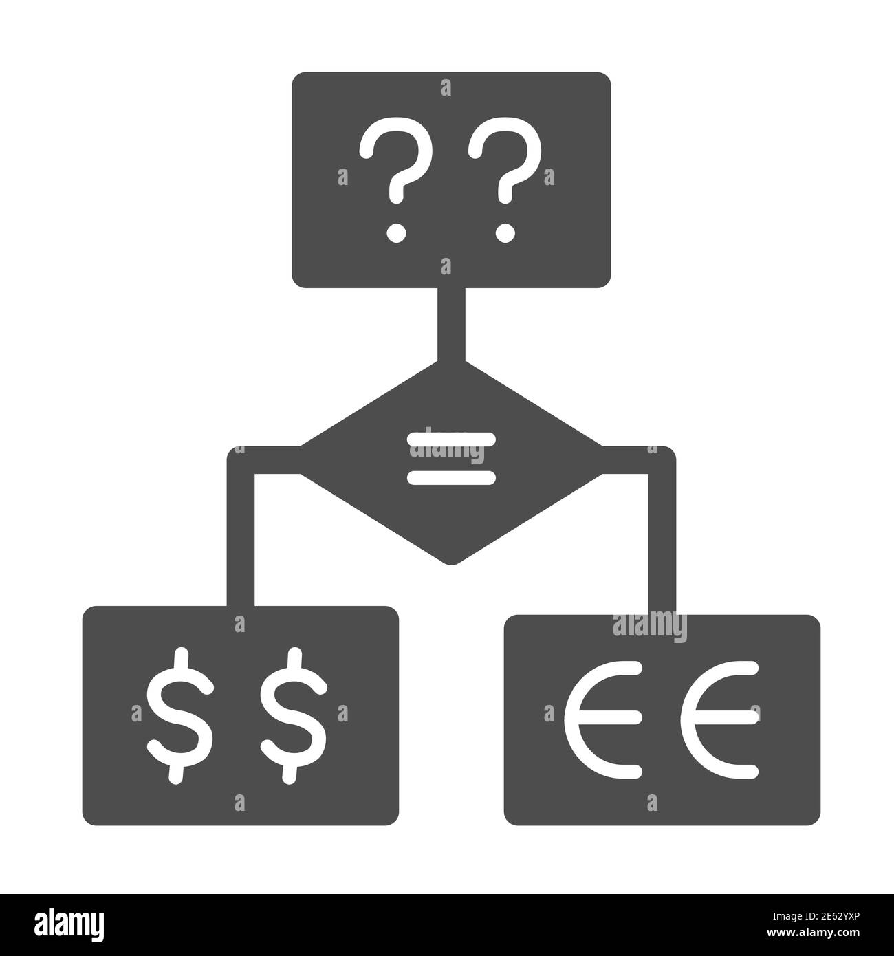 Business-Flussdiagramm solide Symbol, Geschäftsstrategie Konzept, so dass Investitionen Entscheidungsdiagramm Zeichen auf weißem Hintergrund, Blockdiagramm mit Fragen und Stock Vektor