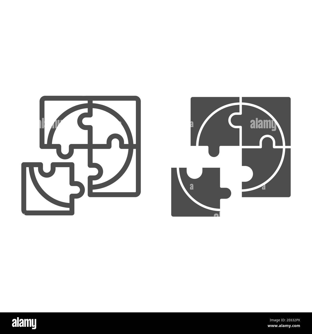 Vier Puzzleteile Linie und solide Symbol, Business-Lösung Konzept, Puzzle-Rätsel Zeichen auf weißem Hintergrund, vier Teile Puzzle-Symbol in Umriss-Stil Stock Vektor