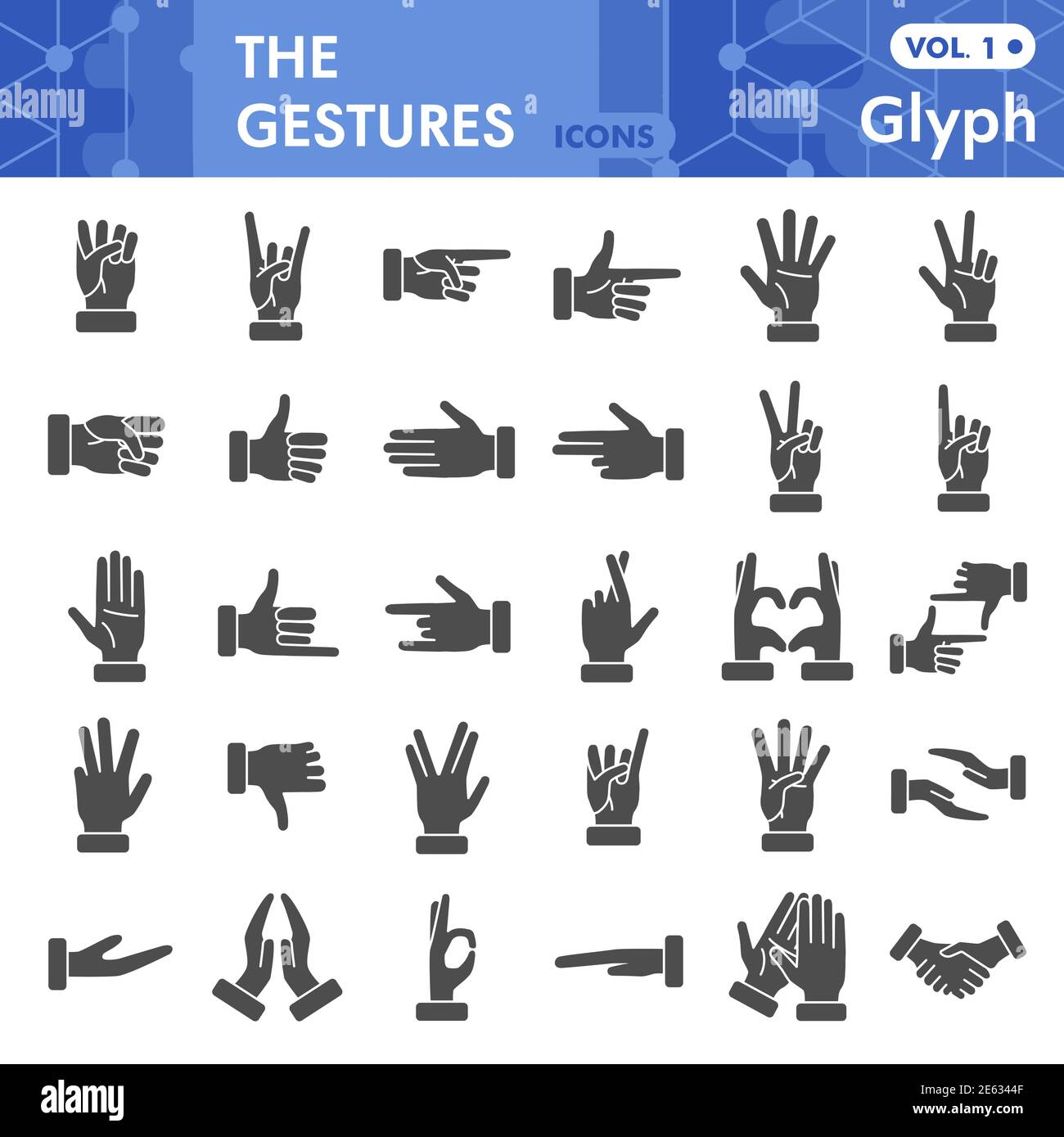 Gesten solide Icon Set, menschliche Hand Signale Symbole Sammlung oder Skizzen. Finger-Zeichen für Web, Glyph Stil Piktogramm-Paket isoliert auf weiß Stock Vektor