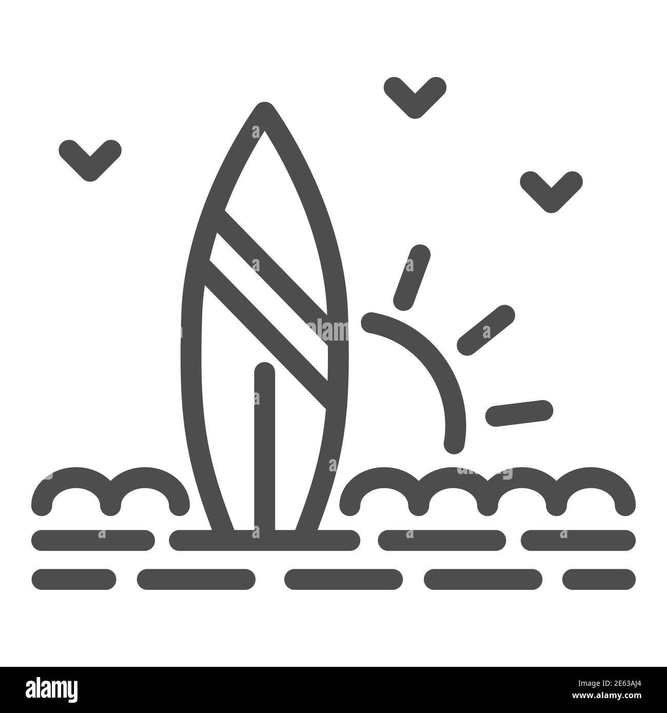 Surfboard und Strand mit Sunset Line Icon, Sommer Konzept, Surfschild auf weißem Hintergrund, Surfboard auf dem Sand Icon im Outline Stil für mobile Stock Vektor