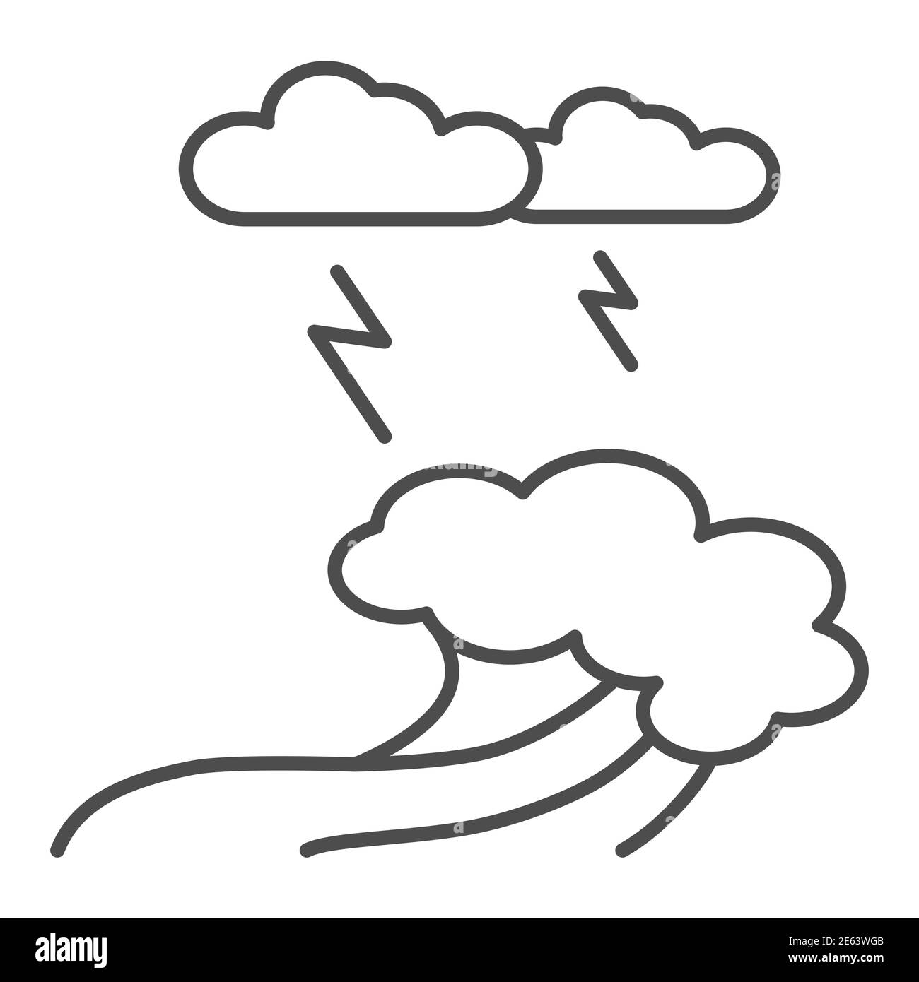 Meereswellen, Blitz und Wolken dünne Linie Symbol, nautische Konzept, Ozean Sturm Zeichen auf weißem Hintergrund, große Ozean brechende Welle und Blitzwolken Stock Vektor