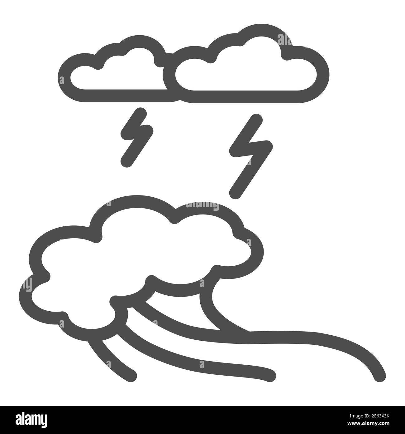 Meereswellen, Blitz und Wolken Linie Symbol, nautisches Konzept, Ozean Sturm Zeichen auf weißem Hintergrund, große Ozean brechende Welle und Blitzwolken Symbol Stock Vektor