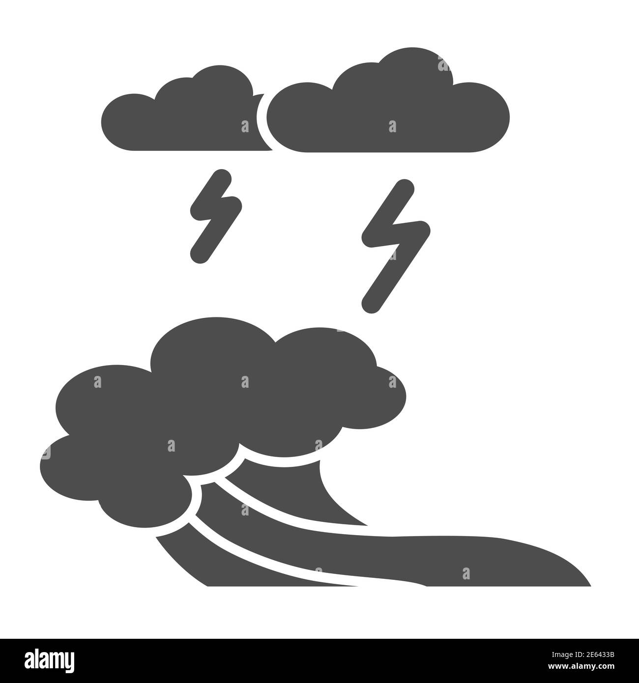 Meereswellen, Blitz und Wolken solide Ikone, nautisches Konzept, Ozean Sturm Zeichen auf weißem Hintergrund, große Ozean brechende Welle und Blitzwolken Stock Vektor