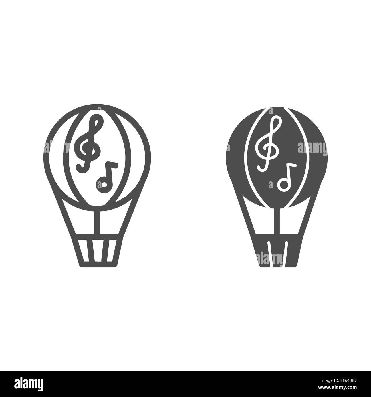 Ballon Linie und solide Symbol, Musik-Festival-Konzept, dirigible mit Noten Zeichen auf weißem Hintergrund, Heißluftballon-Symbol in Umriss-Stil für Stock Vektor
