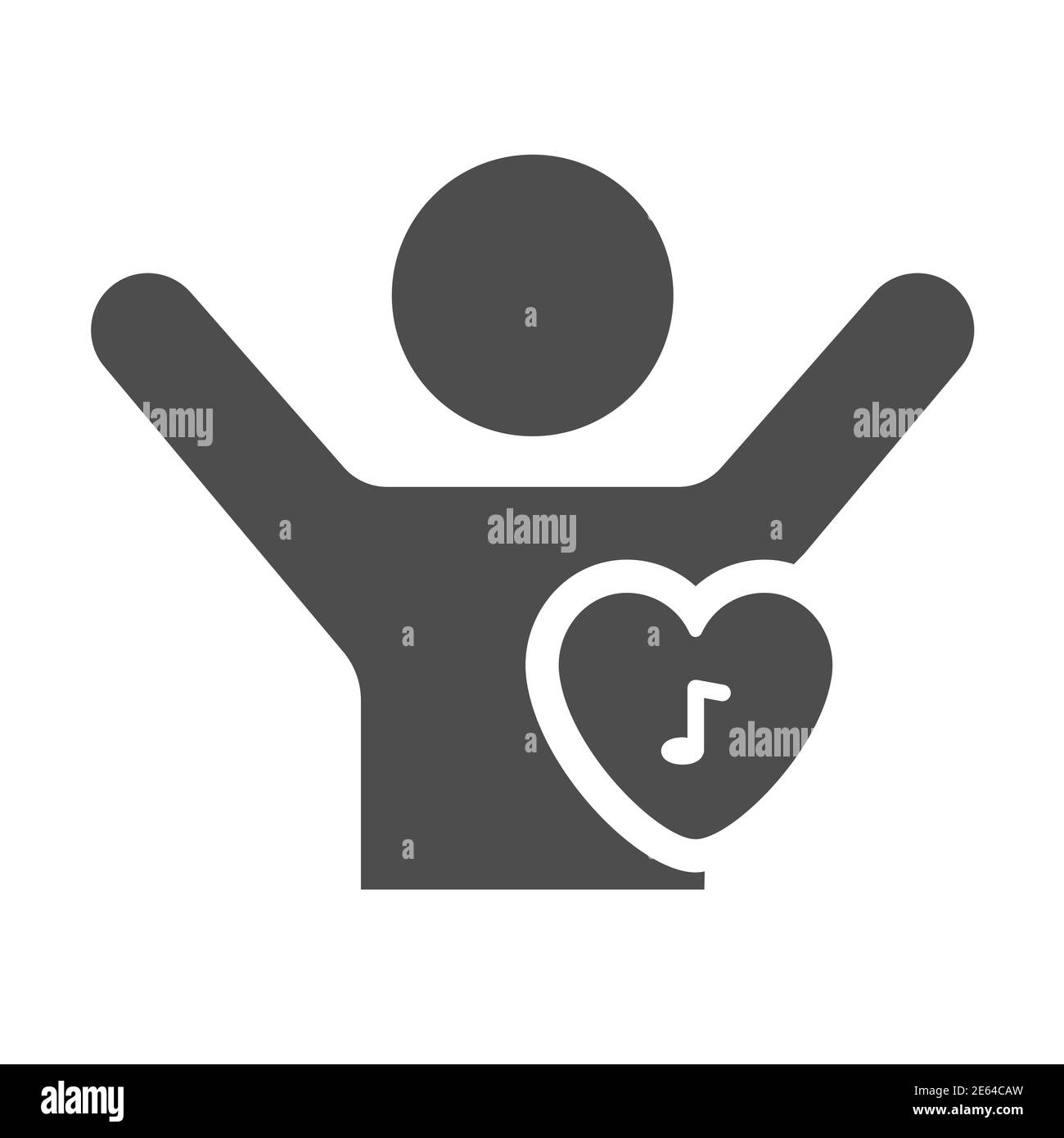 Person mit Musik im Herzen solide Ikone, Festival-Konzept, Musiknote mit Herzform und Tänzer Zeichen auf weißem Hintergrund, Fan hören Musik von Stock Vektor