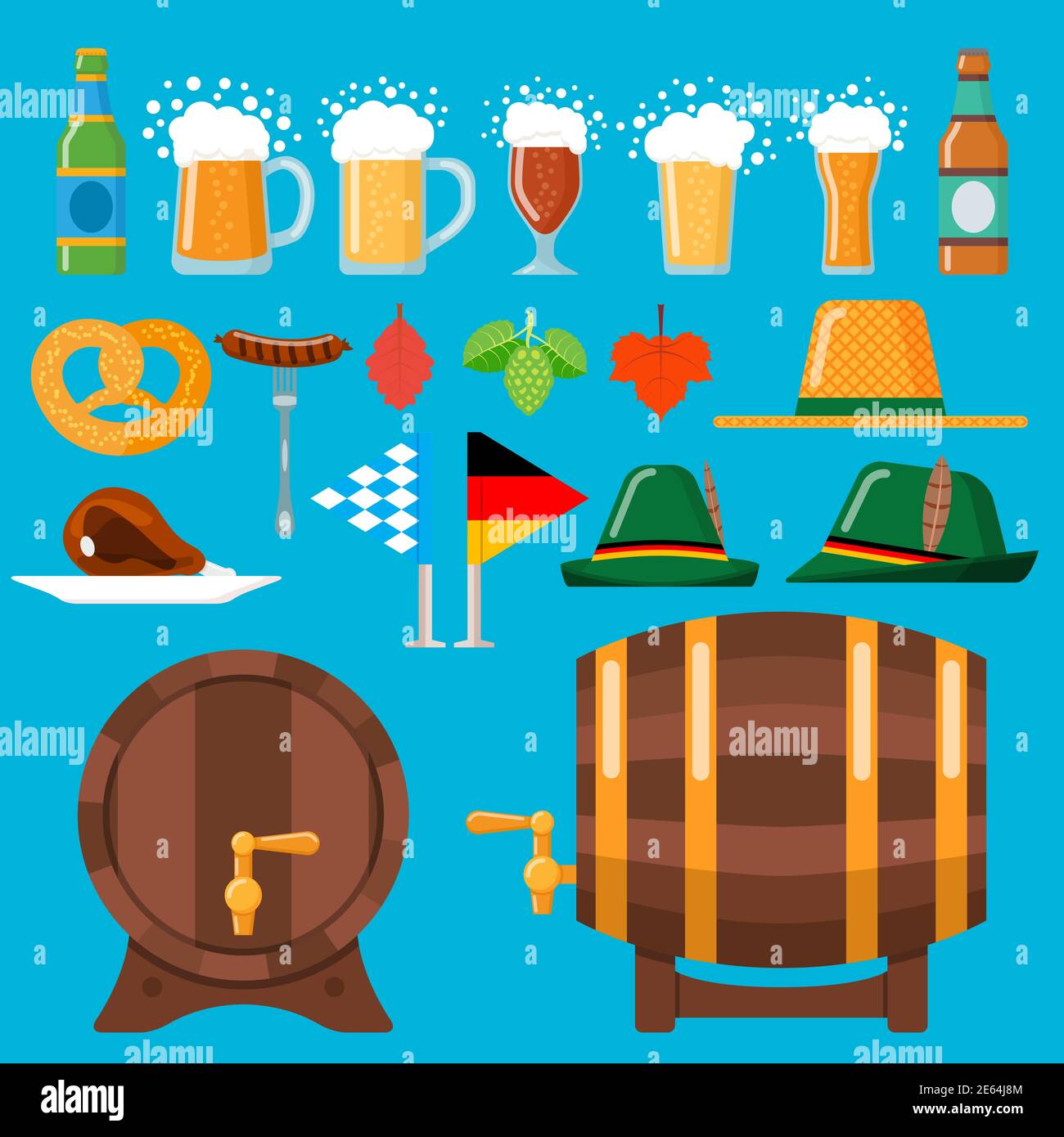 Bierset mit Tassen, Fässern und anderen Elementen. Stock Vektor