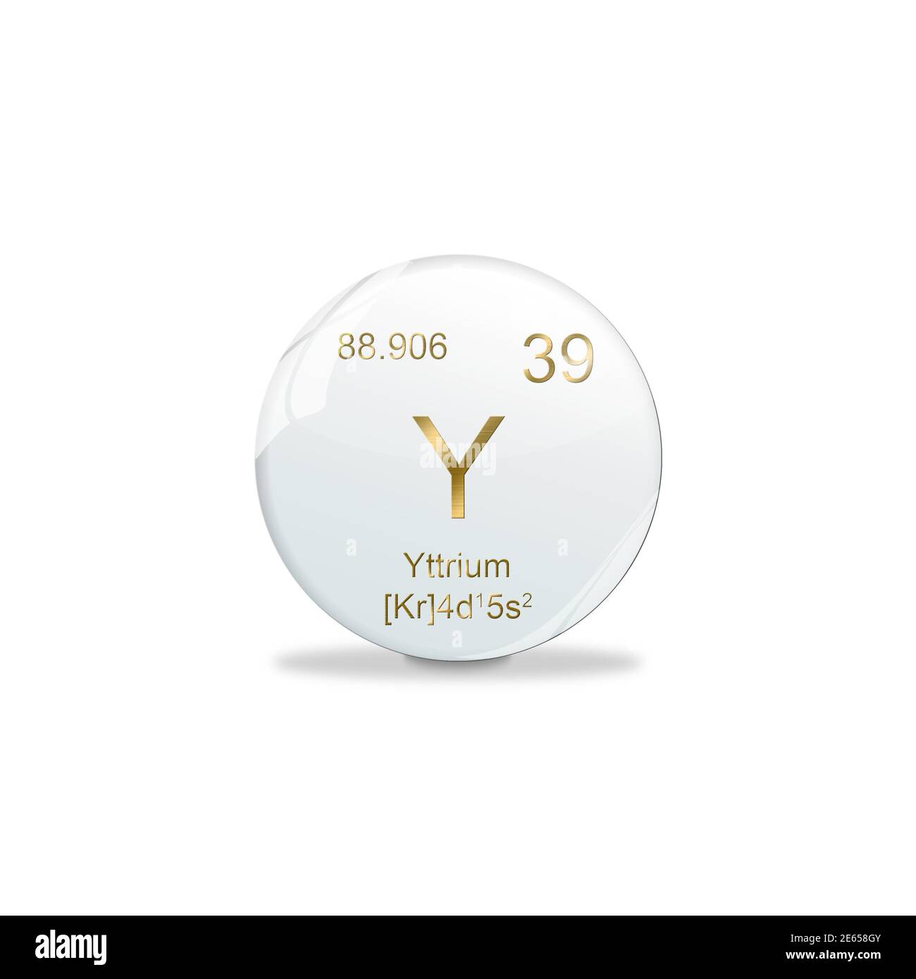 3D-Illustration, Yttrium Symbol - Y. Element des Periodensystems auf weißer Kugel mit goldenen Zeichen. Weißer Hintergrund Stockfoto
