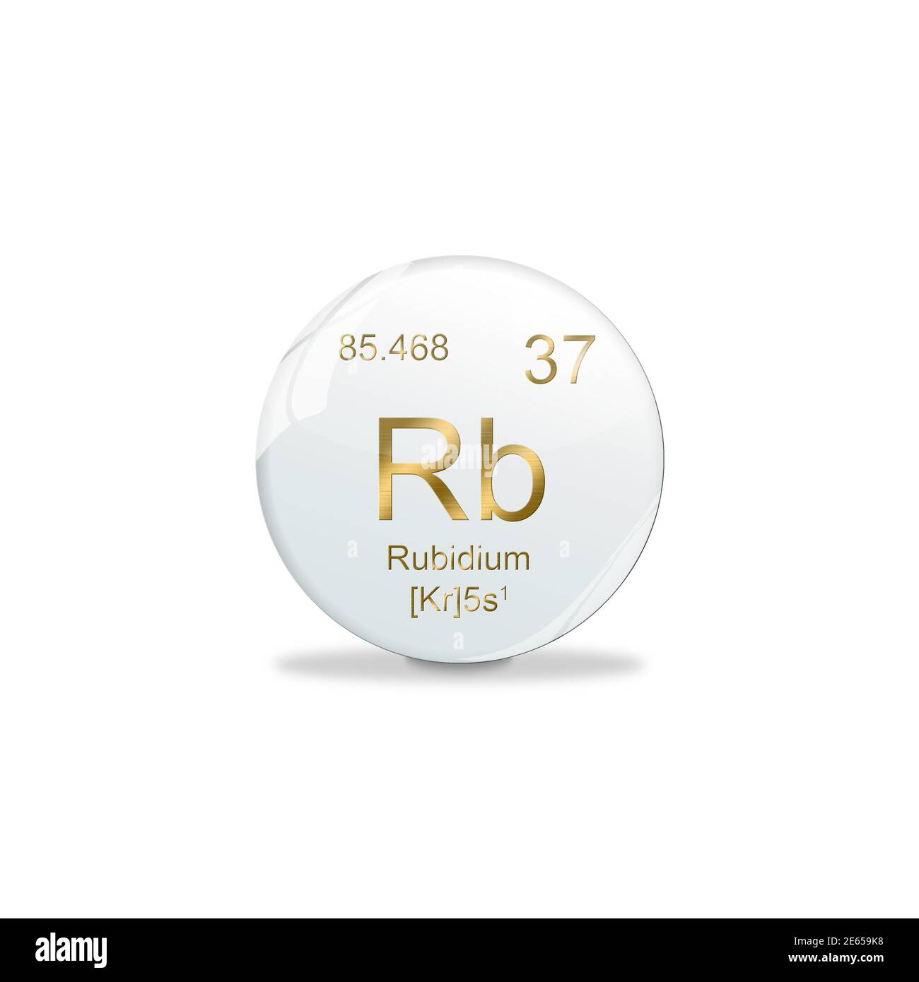 3D-Illustration, Rubidium Symbol - RB. Element des Periodensystems auf der weißen Kugel mit goldenen Zeichen. Weißer Hintergrund Stockfoto