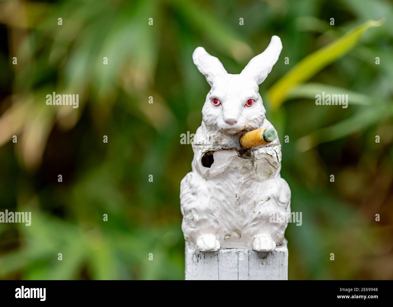 Damage weißes Porzellan Kaninchen Skulptur mit Karotte in grünem Hintergrund Stockfoto