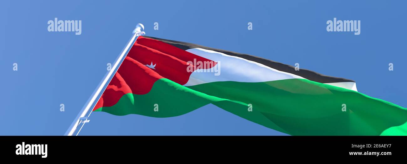 3D-Darstellung der Nationalflagge Jordaniens, die einschwenkt Der Wind Stockfoto