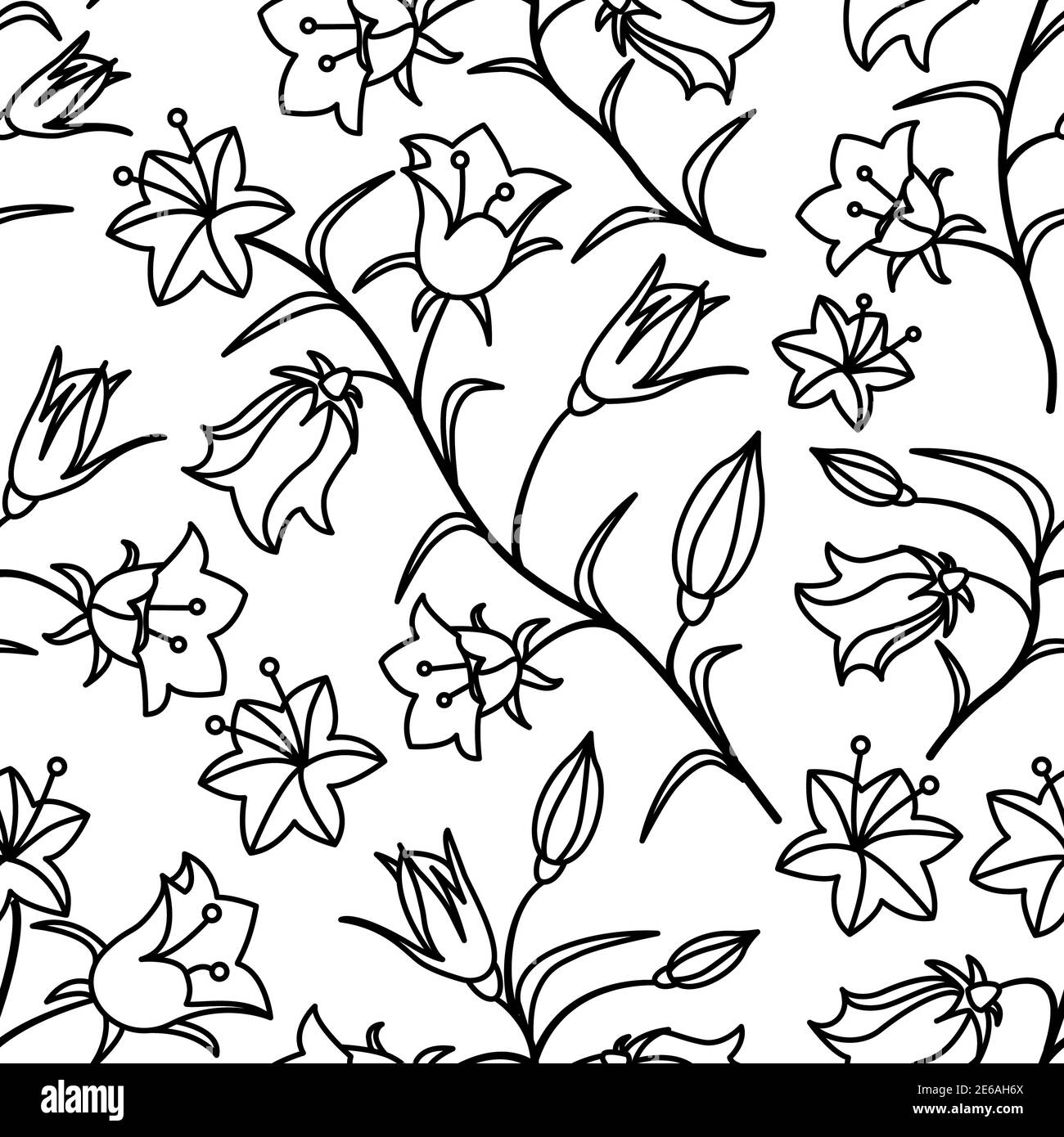 Ein nahtloses Muster mit Glockenblumen. Schwarze Kontur auf weißem Hintergrund. Vektorgrafik Stock Vektor