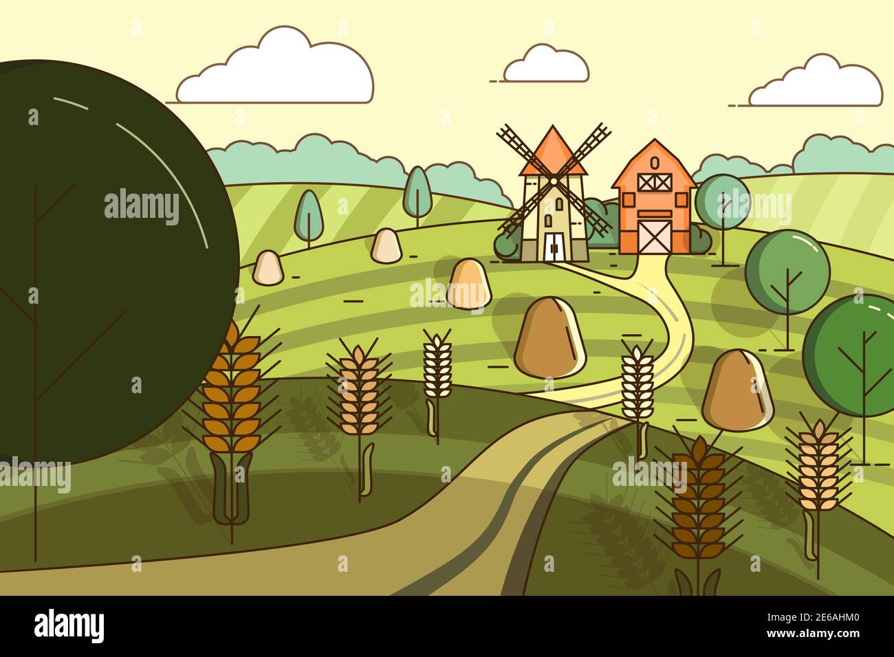 Landschaft mit einer Mühle und einer Scheune in der Mitte von Weizenfeldern. Vektorgrafik Stock Vektor