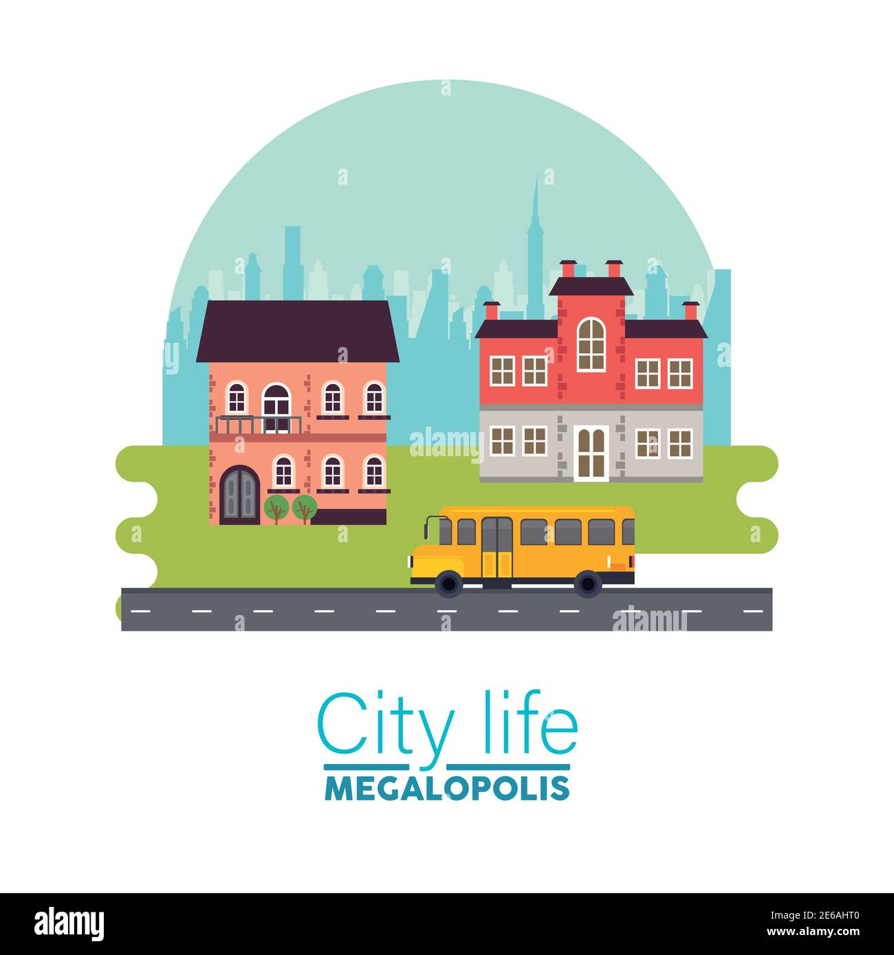 City Life Megalopolis Schriftzug in Stadtbild Szene mit Gebäuden und Schule Bus Vektor Illustration Design Stock Vektor