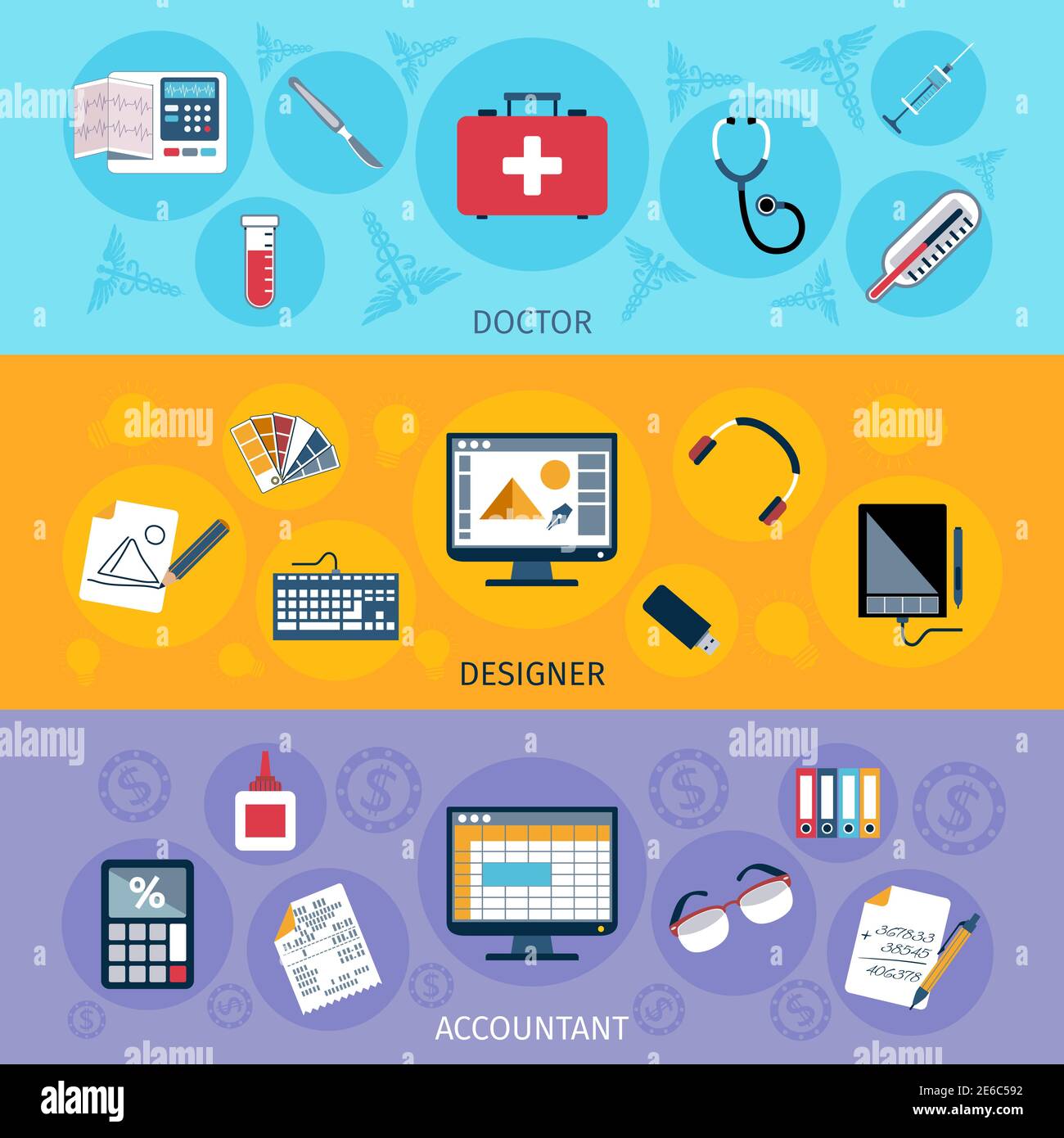 Horizontales Banner für den Arbeitsbereich mit Werkzeugen für den Arzt und Buchhalter Isolierte Vektordarstellung Stock Vektor