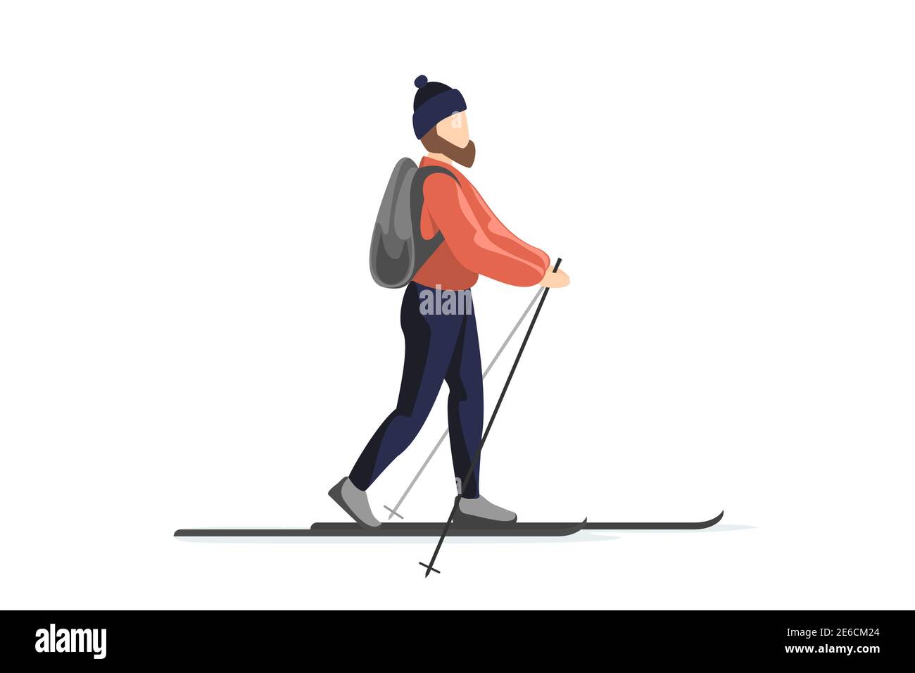 Skifahrer in Winterkleidung und Hut mit Rucksack ist Skifahren. Mann trainiert Spaziergang auf Skiern. Urlaub Erholung Ski Sport Aktivität Vektor isolierte Illustration Stock Vektor