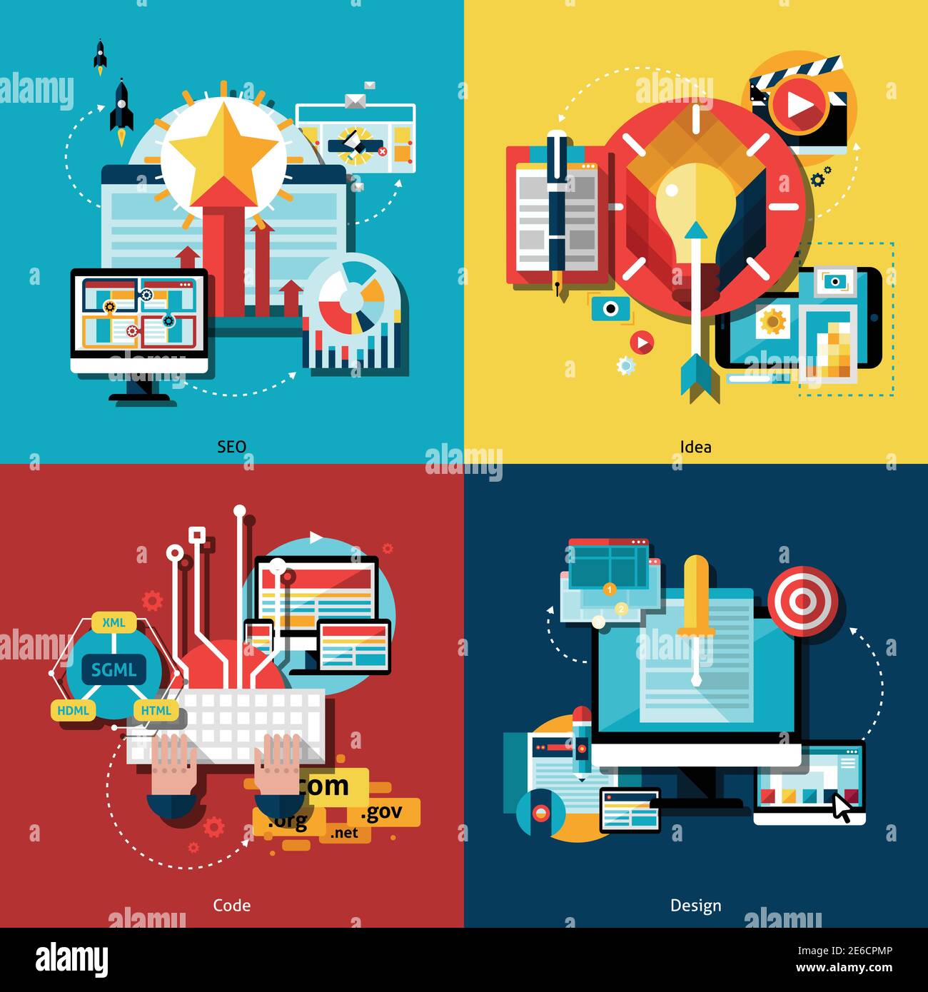 Kreative Projekt-und Ideen-Symbole mit Web-Codes-Design gesetzt Und SEO flach isolierte Vektor-Illustration Stock Vektor