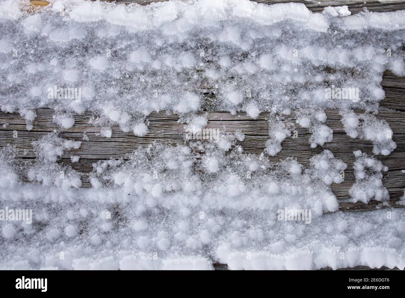 Makroaufnahme von Schnee und Eis auf einem Stück altem Holz oder Holz. Stockfoto